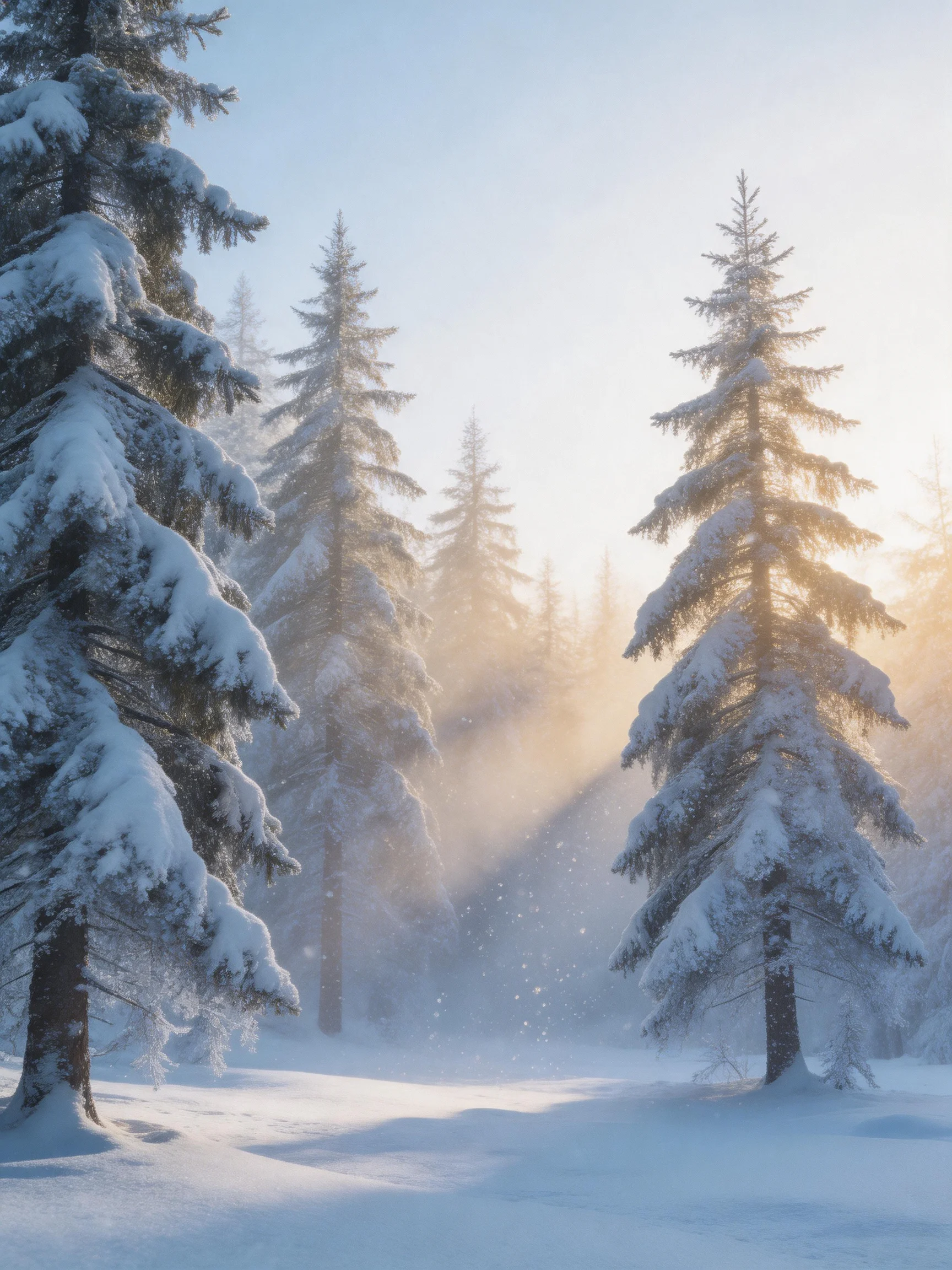 Snow-Covered Evergreen Trees in a Sunlit Winter Forest