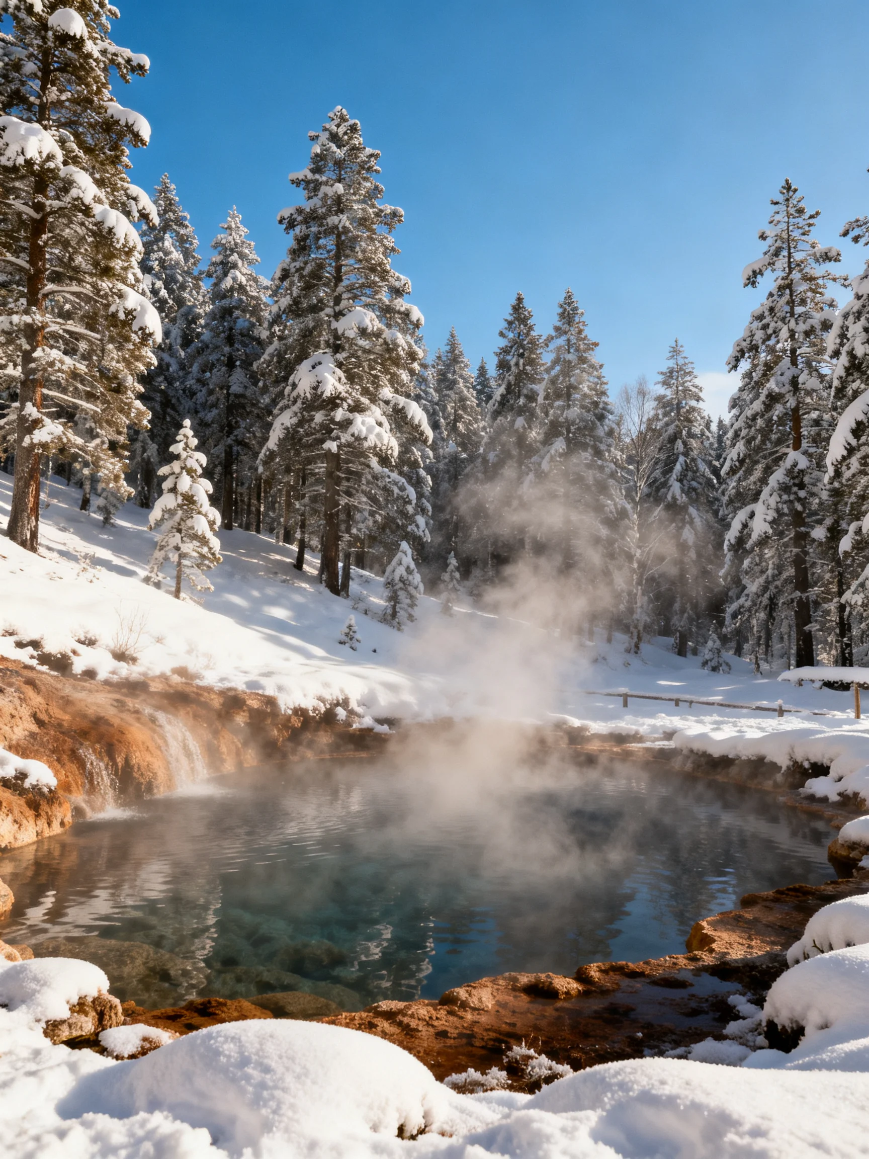 Snow-Covered Forest Around a Warm Hot Spring Pool