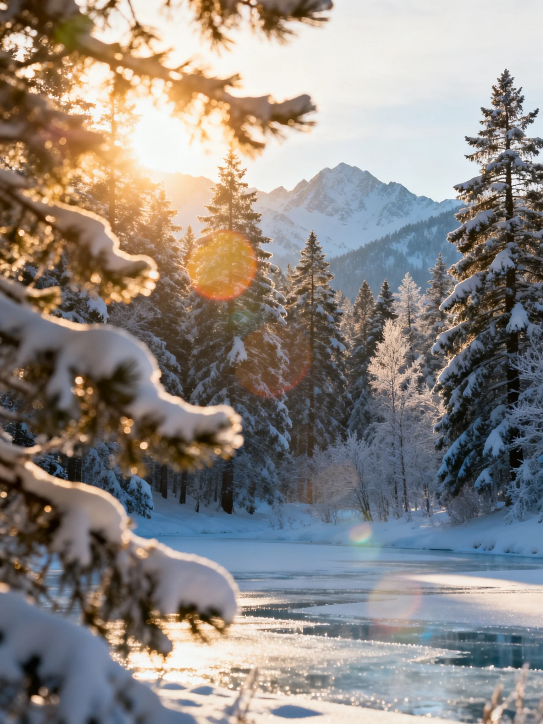 Snow-Covered Forest, Frozen Lake, and Majestic Mountain Peaks