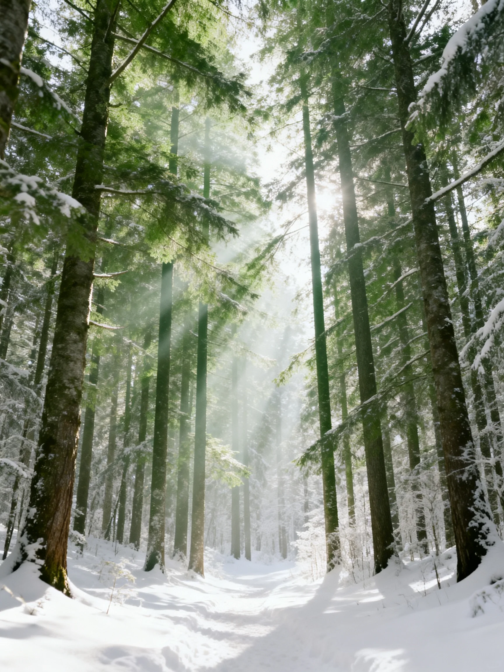 Snow-Covered Forest Path Among Tall Evergreen Trees