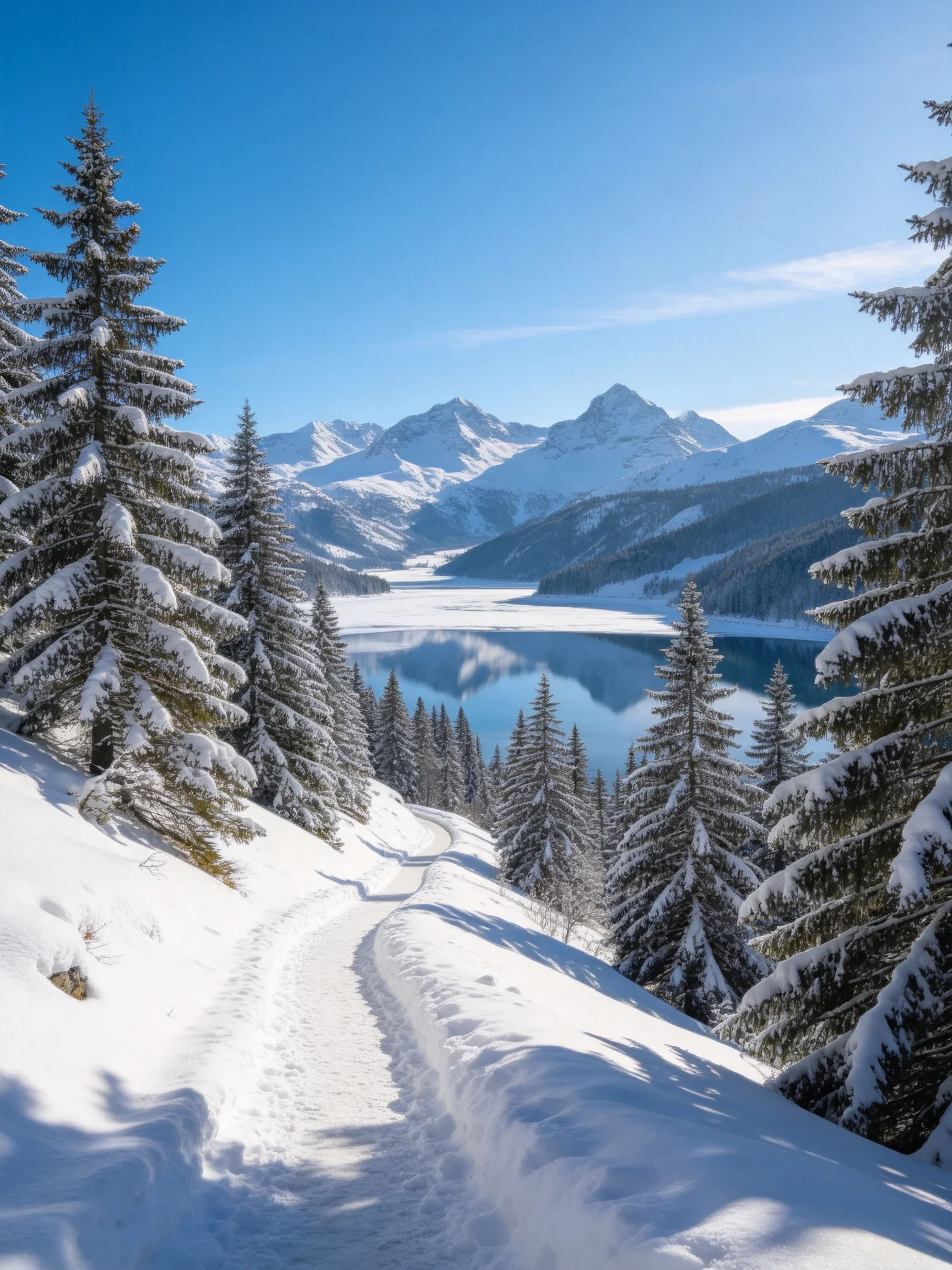 Snow-Covered Forest Path Leading to Frozen Mountain Lake