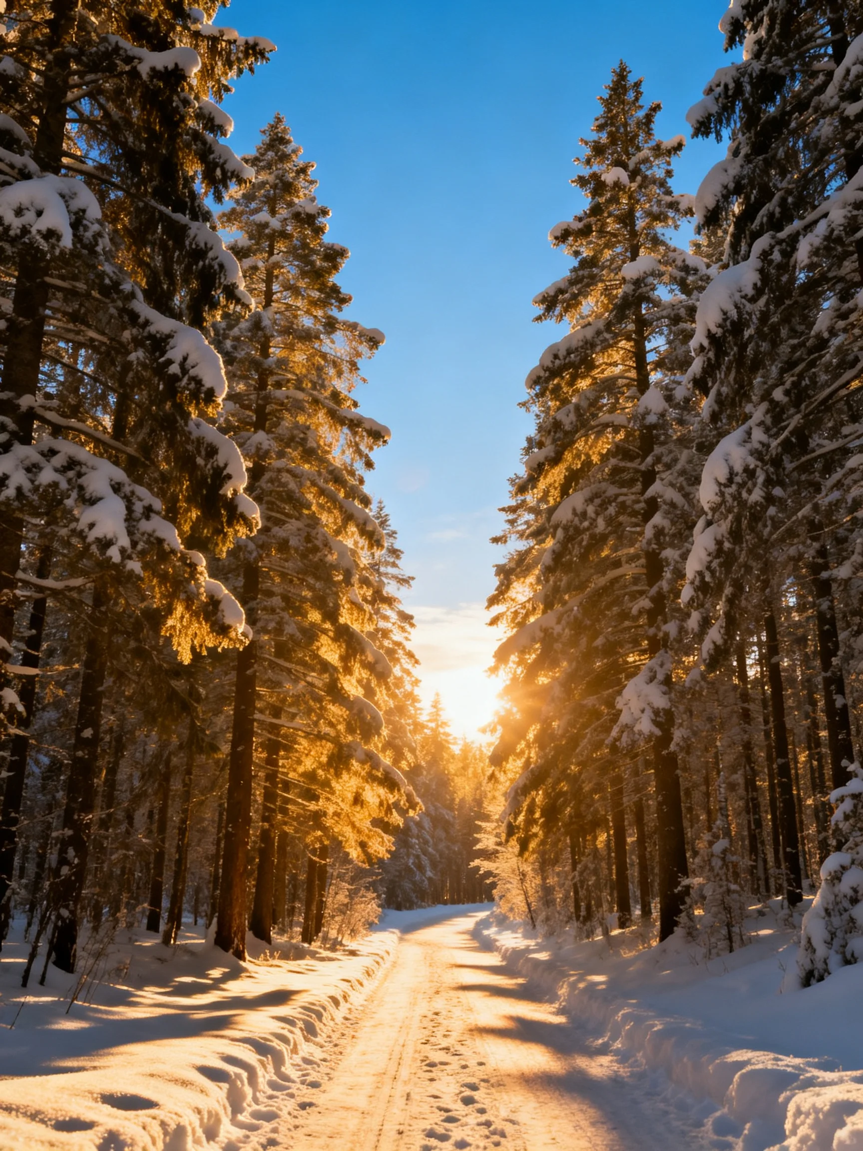 Snow-Covered Forest Path With Golden Sunlight Through Tall Evergreens