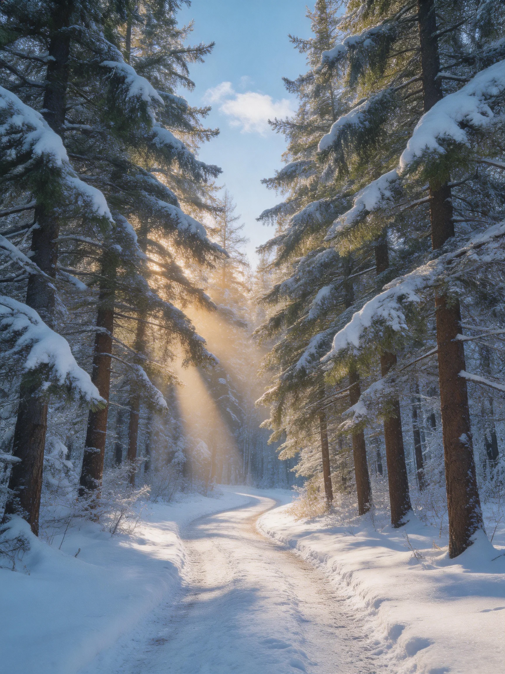 Snow-Covered Forest Path With Sunbeams Through Tall Evergreens