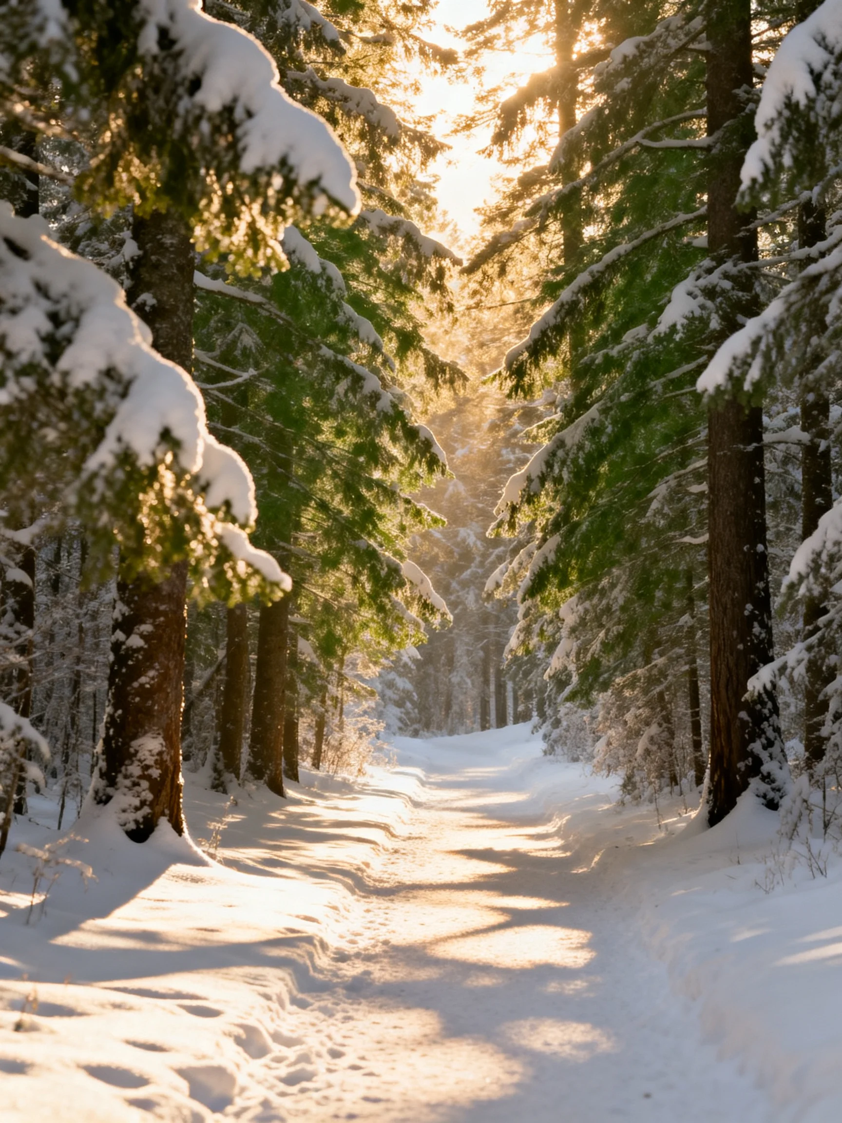 Snow-Covered Forest Path With Sunlight Filtering Through Snow-Laden Trees