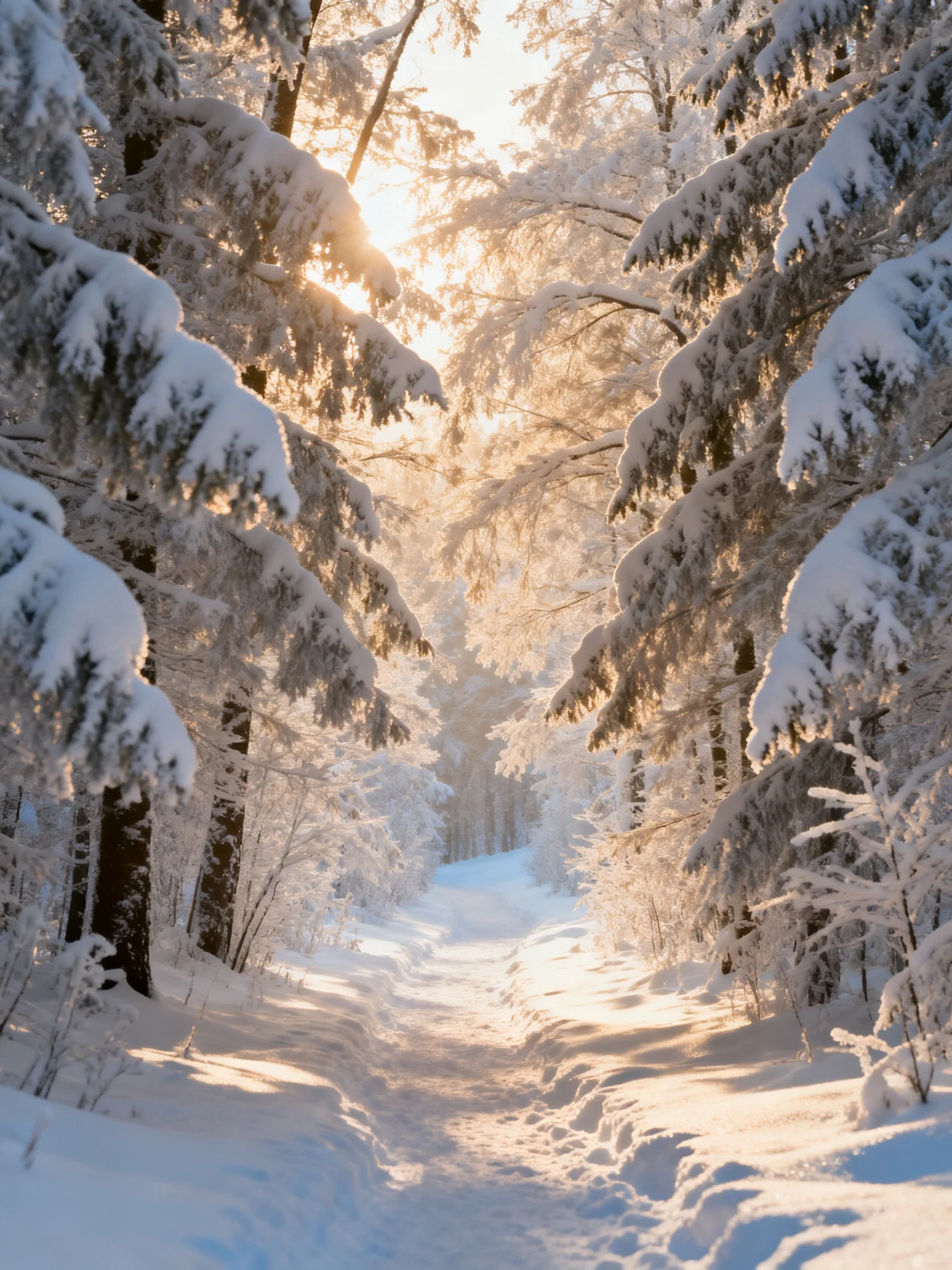 Snow-Covered Forest Path With Sunlight Filtering Through Trees