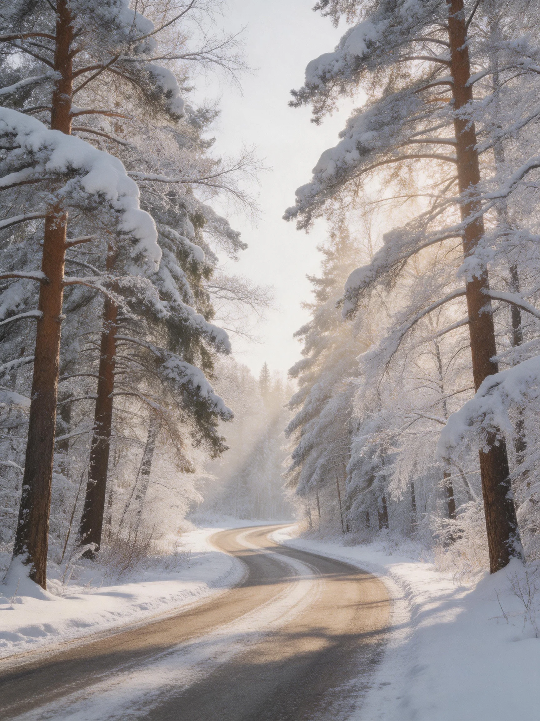 Snow-Covered Forest Path With Winding Road Through Tall Trees