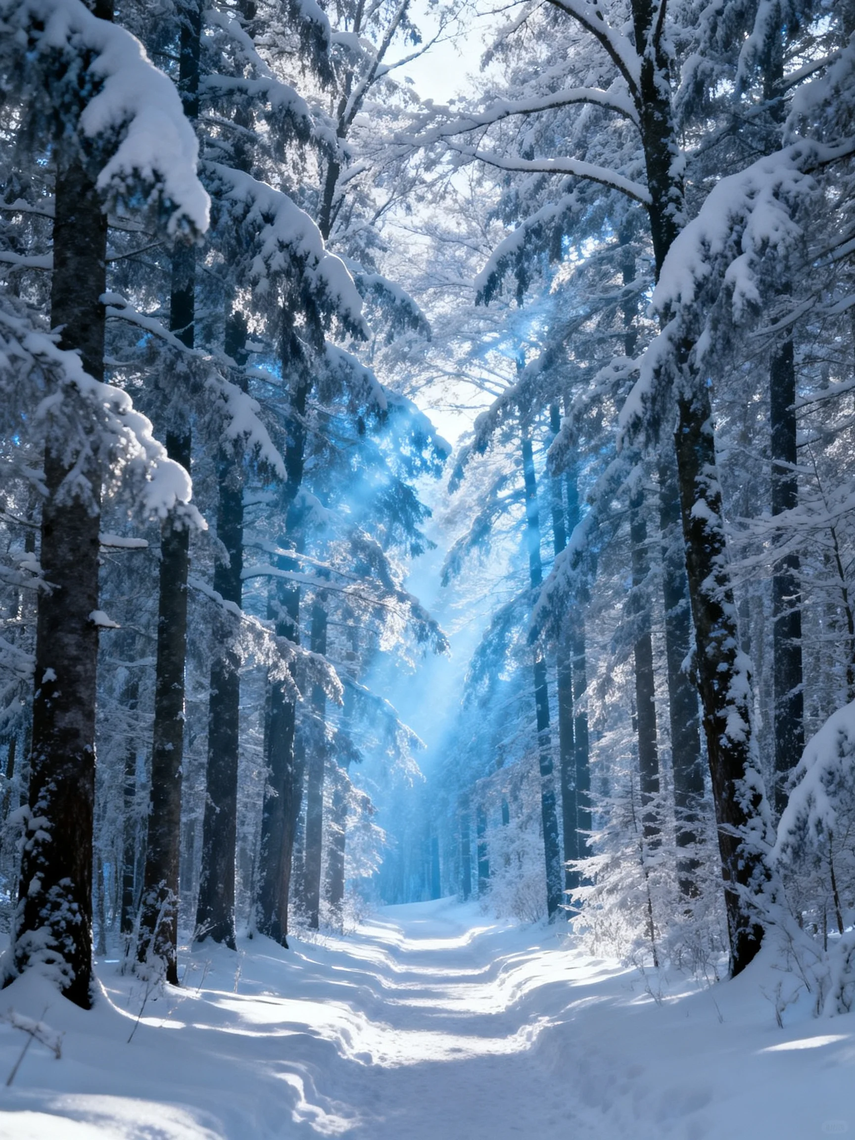Snow-Covered Forest Path with Blue Light Filtering Through Tall Trees