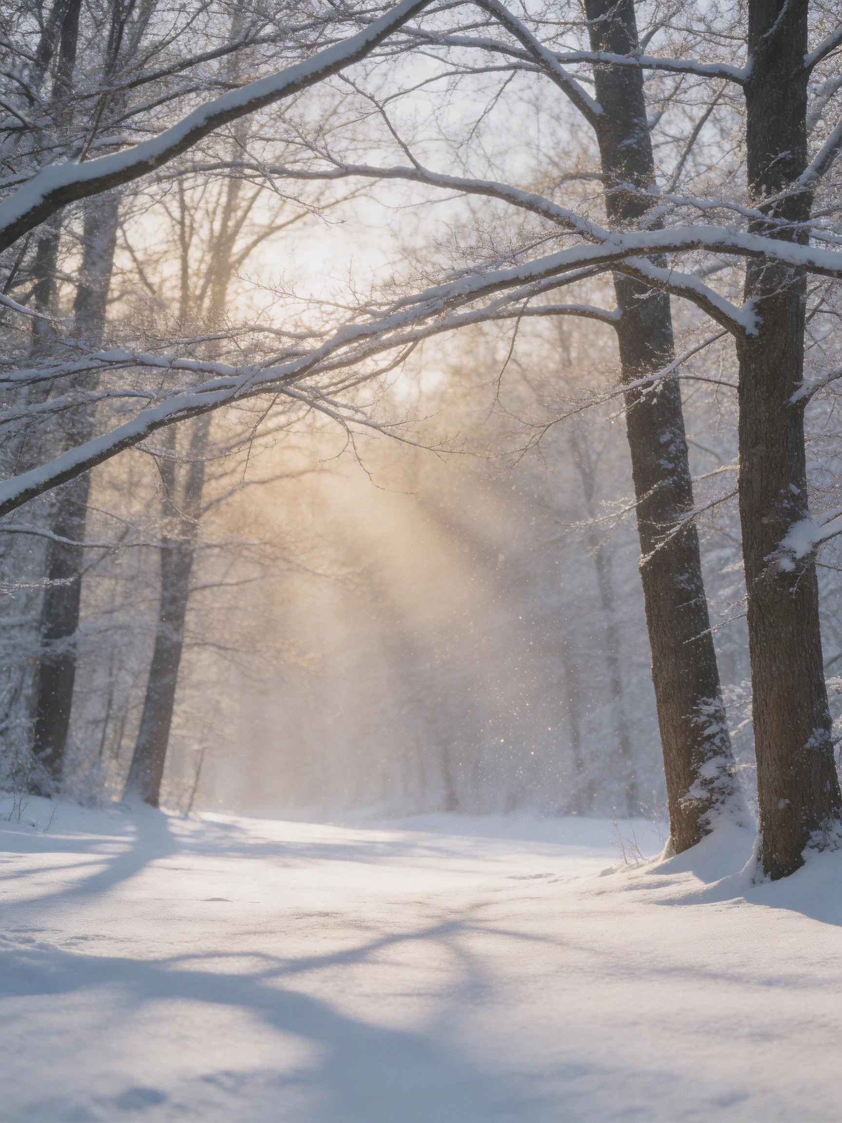 Snow-Covered Forest Path with Golden Sunlight Through Trees