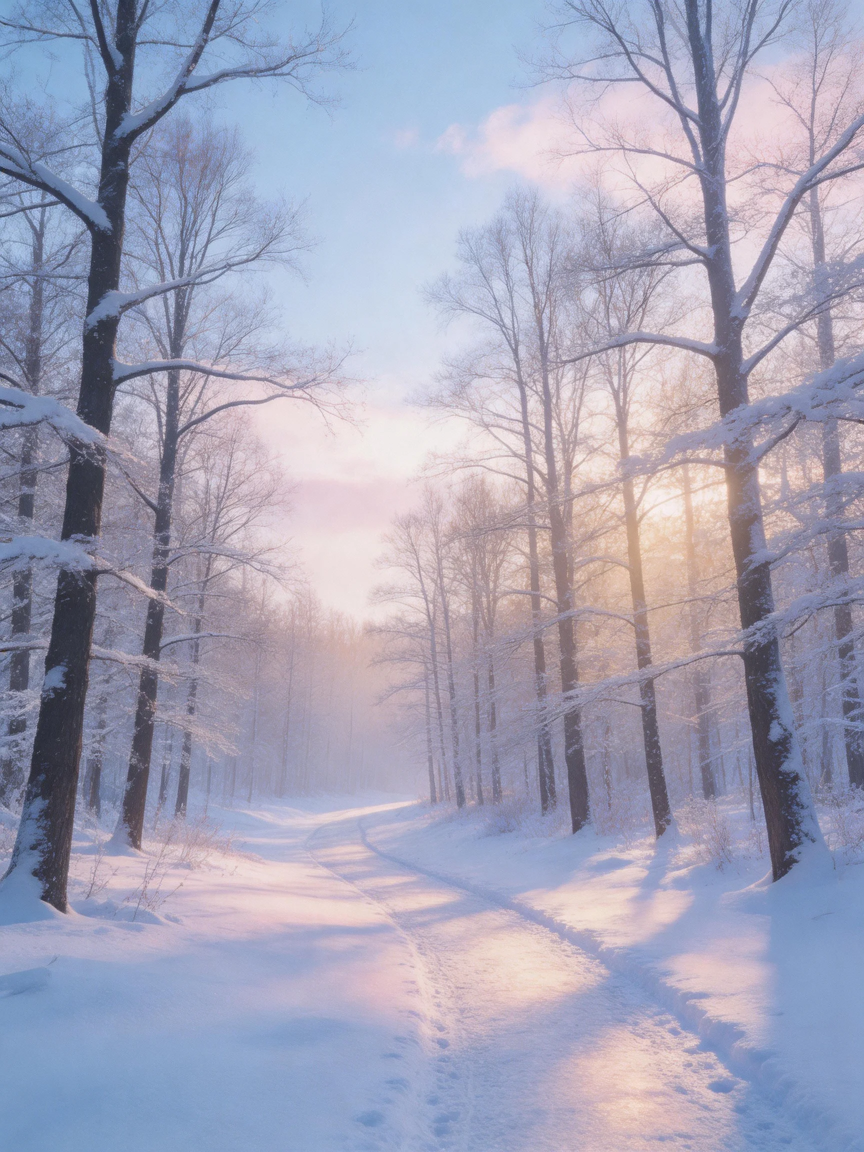 Snow-Covered Forest Path with Sunlight Filtering Through Trees