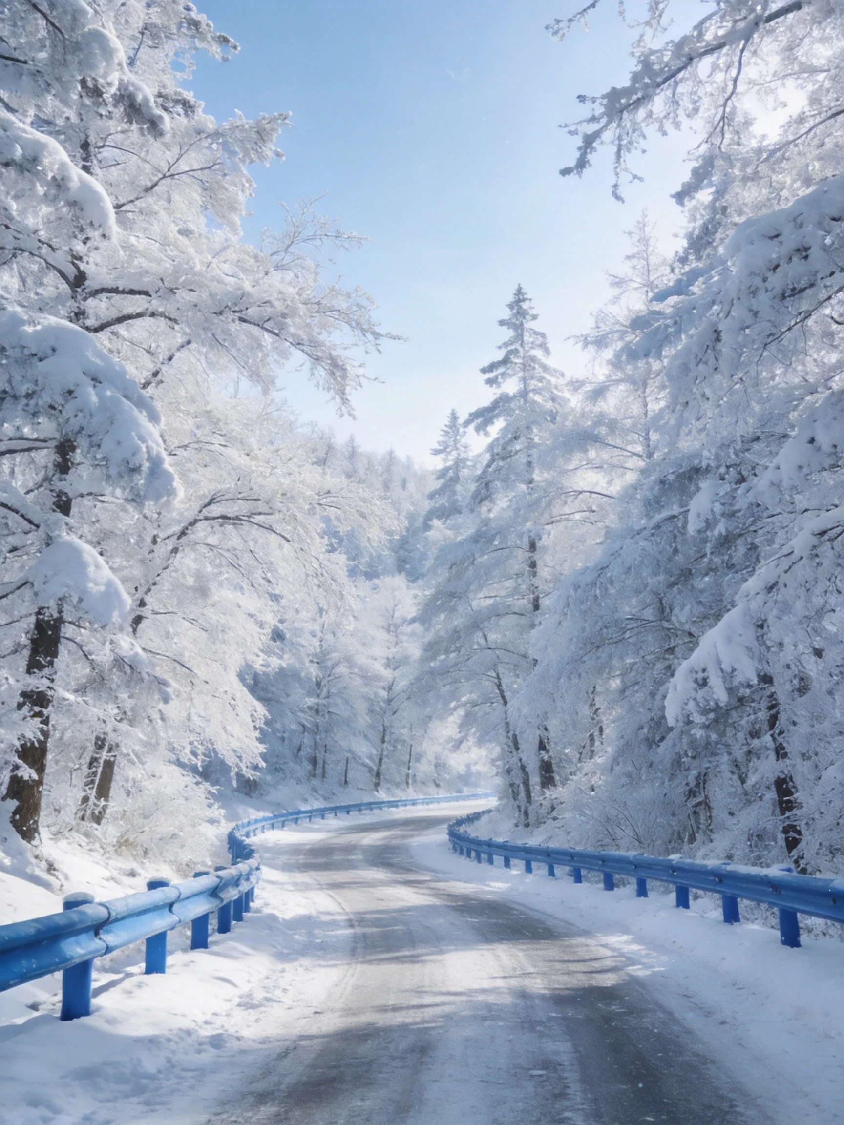 Snow-Covered Forest Road with Bright Blue Guardrails