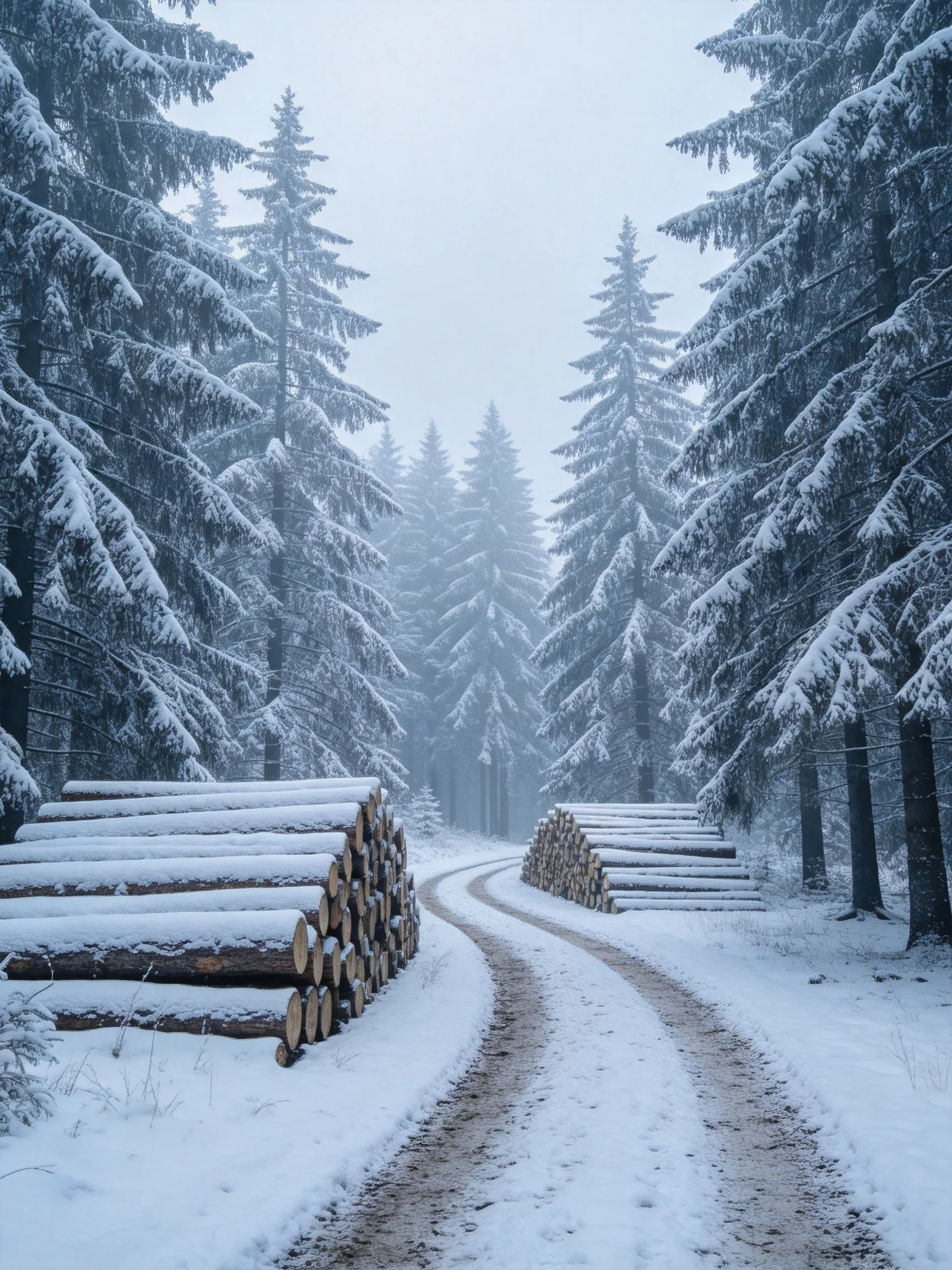 Snow-Covered Forest With Stacked Logs Along Winding Path