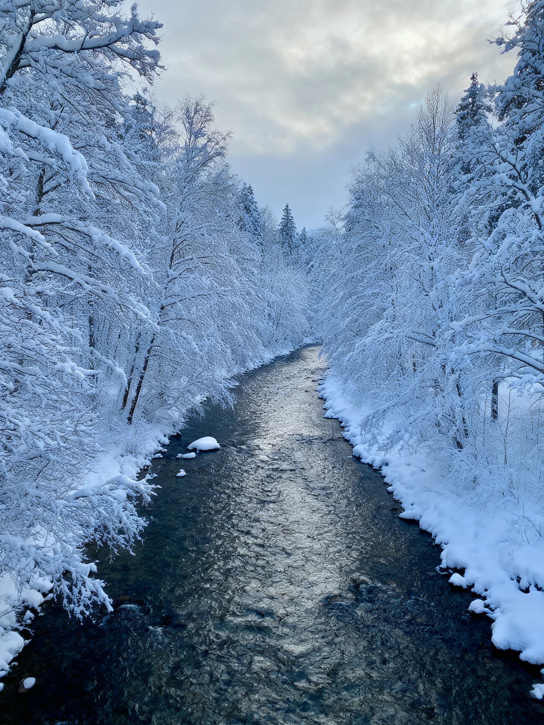 Snow-Covered Forest with Flowing River Through Winter Woods