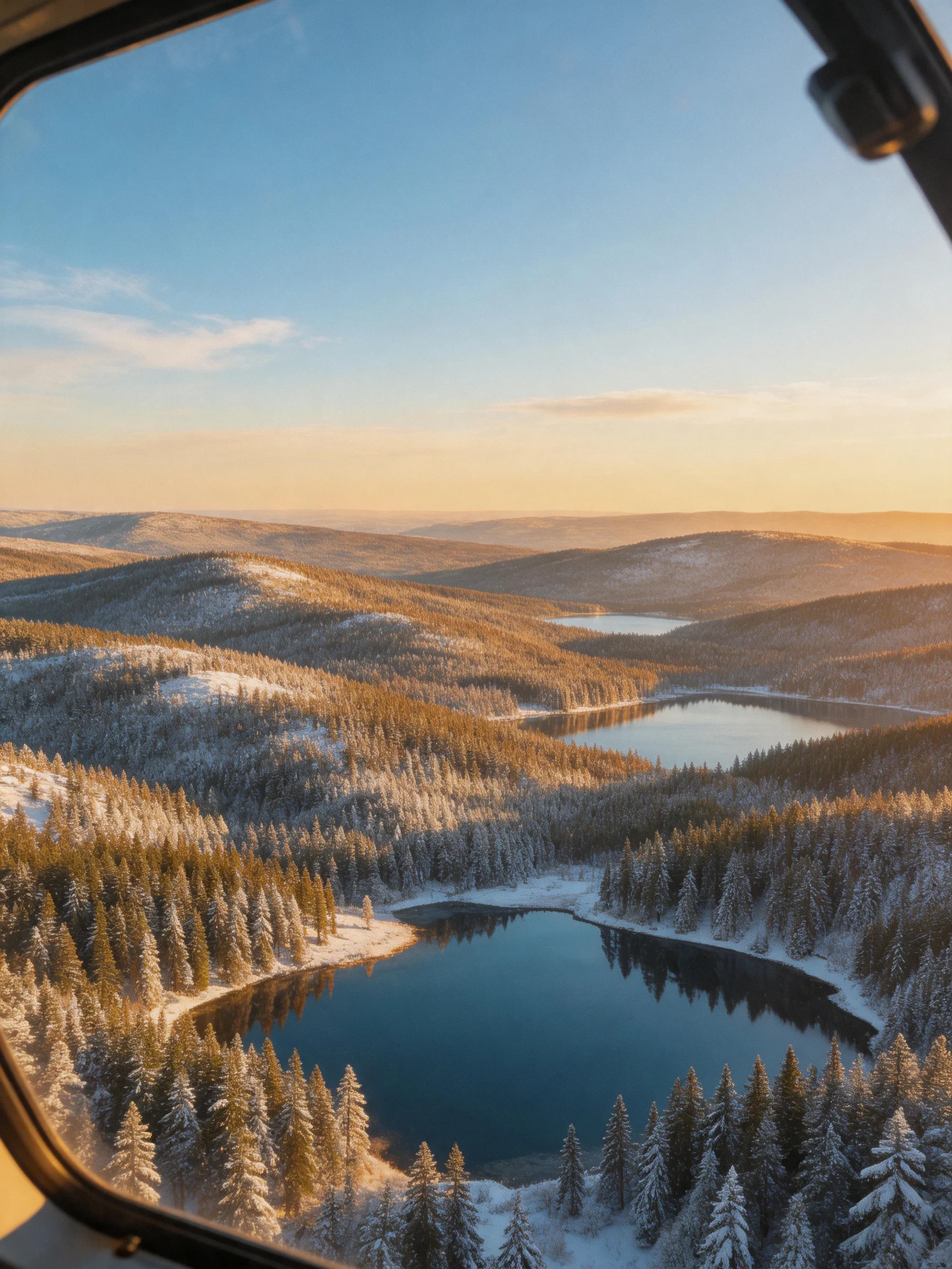 Snow-Covered Forests and Lakes Under Golden Sunset Light