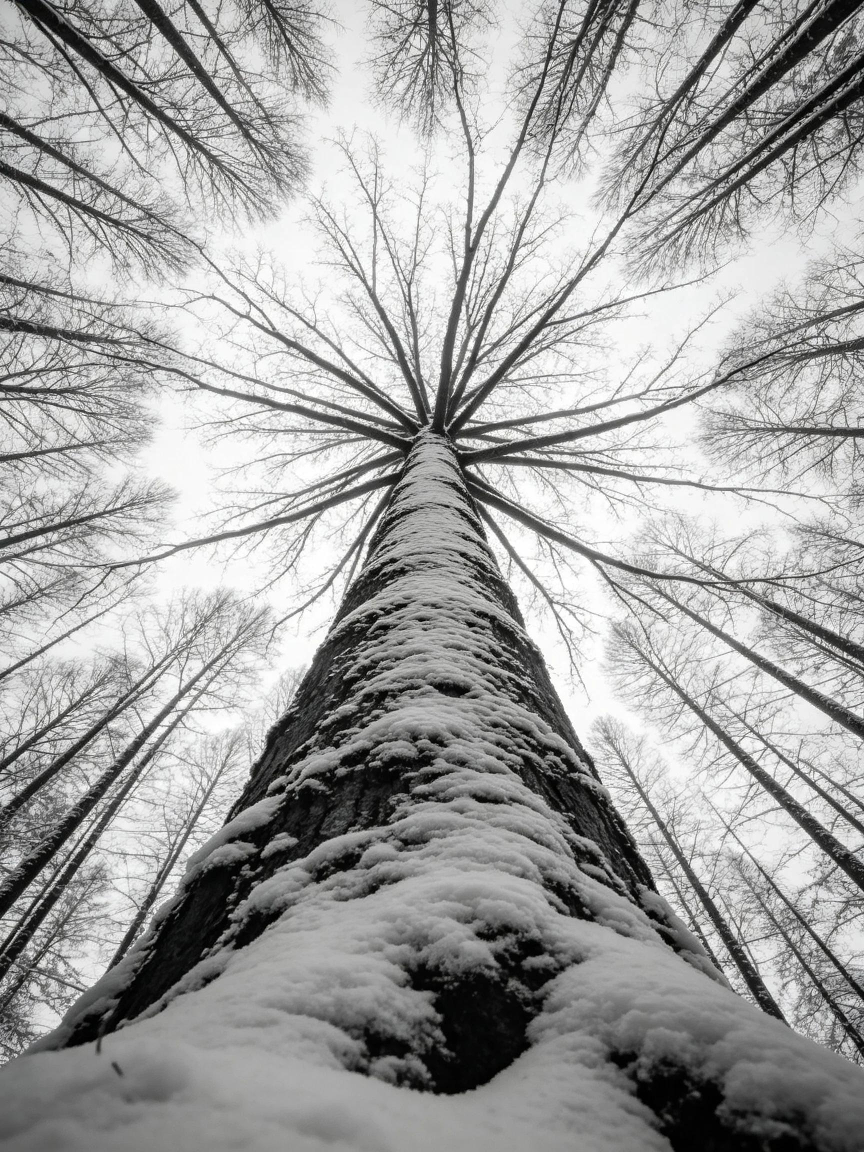 Snow-Covered Giant Tree Rising Through Winter Forest Canopy