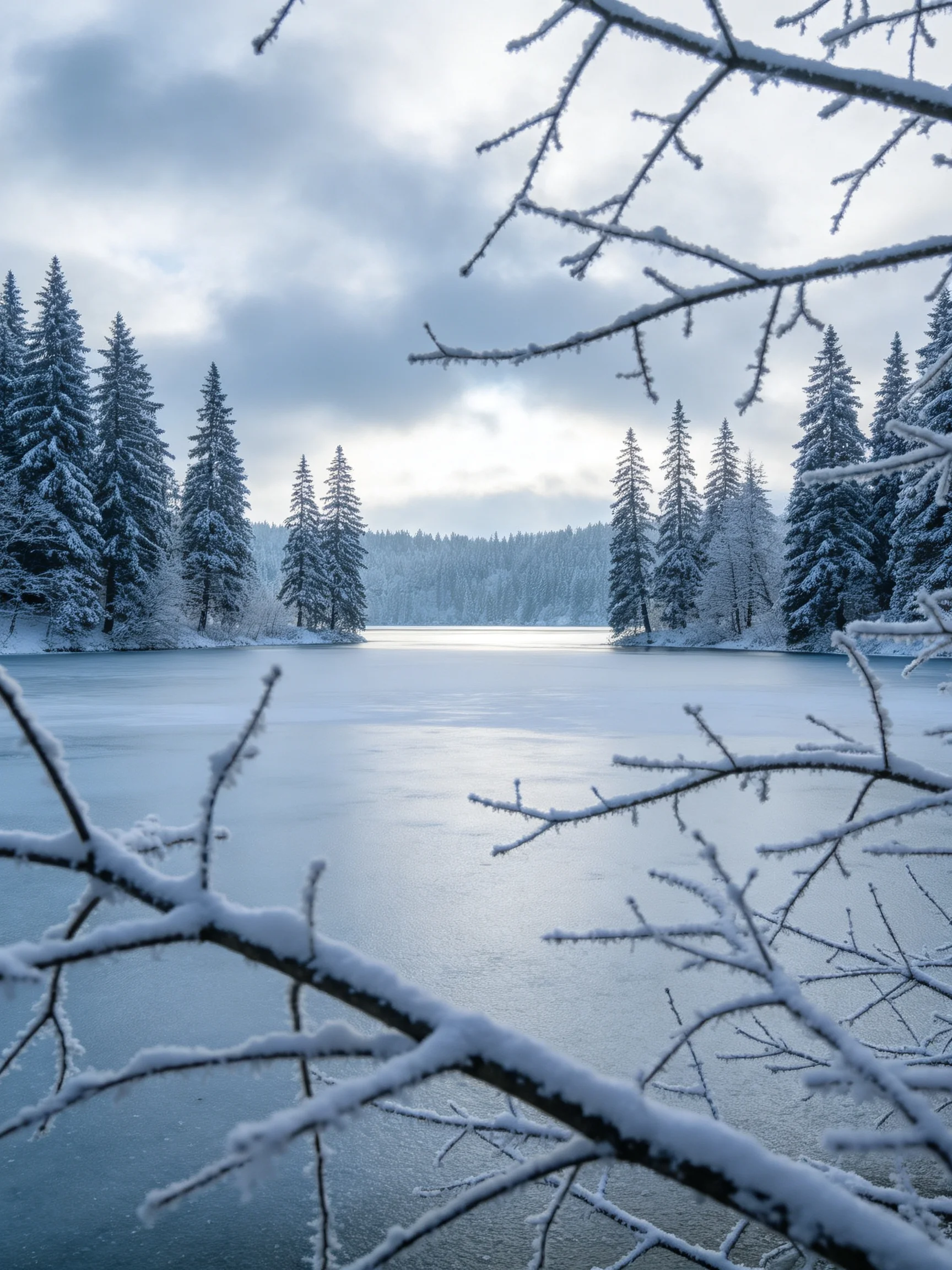 Snow-Covered Lake Surrounded by Frosty Pine Trees Under Overcast Sky