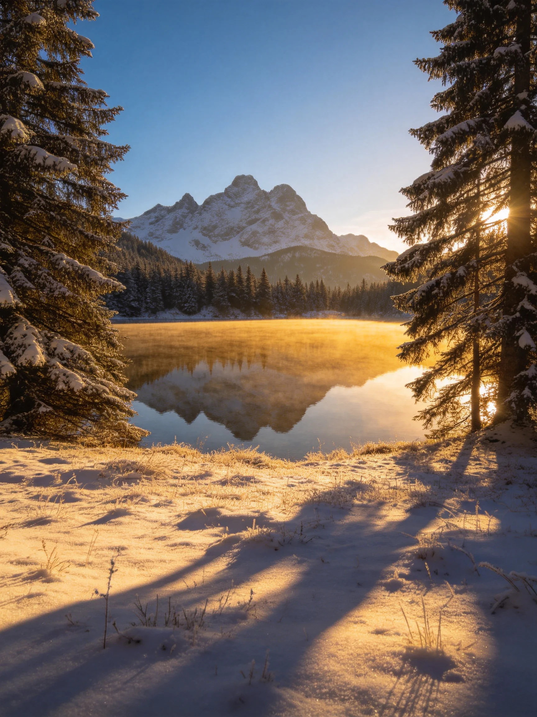 Snow-Covered Lake with Forested Mountain Peaks