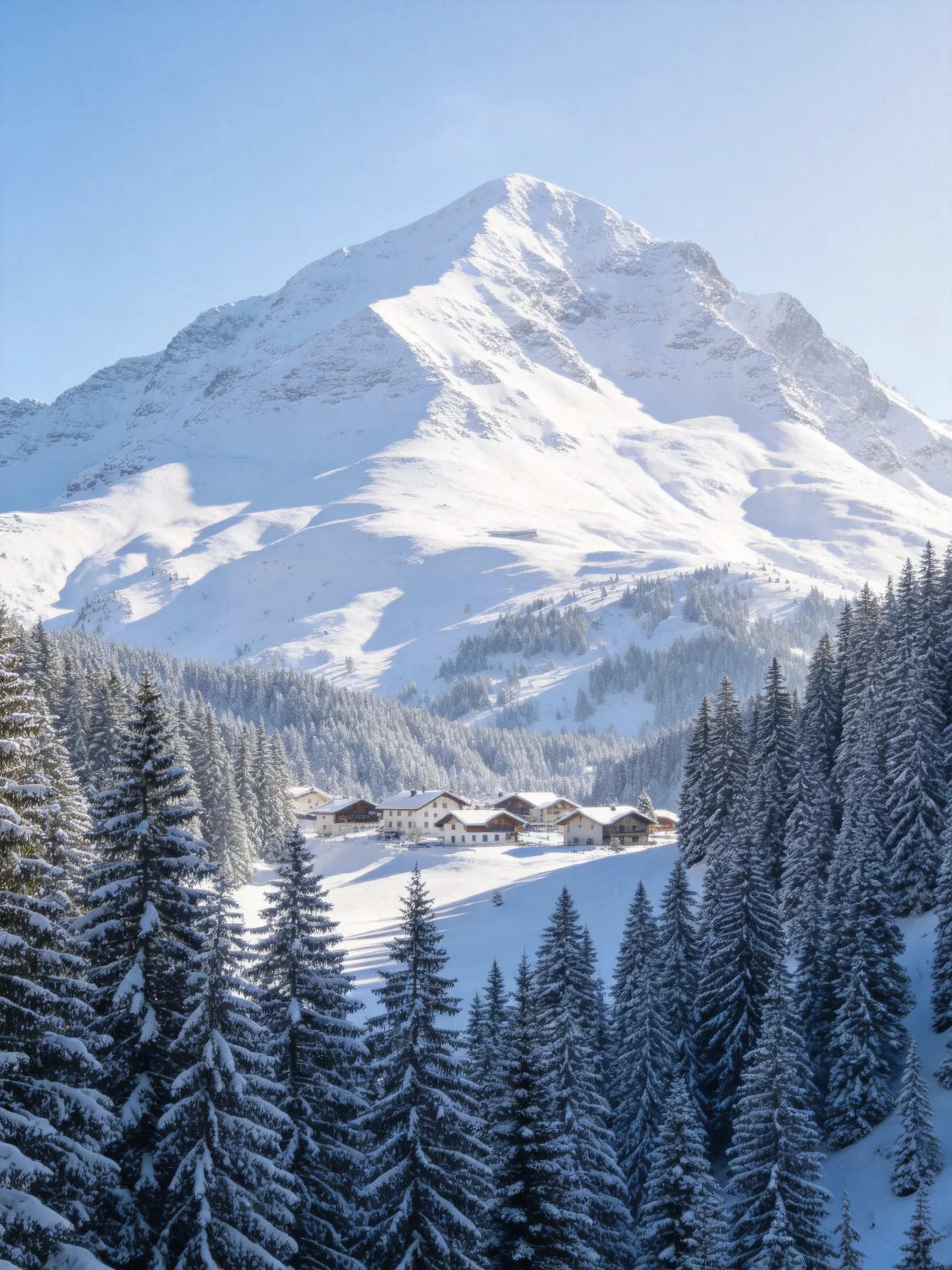 Snow-Covered Mountain Peak with Dense Pine Forest and Alpine Village
