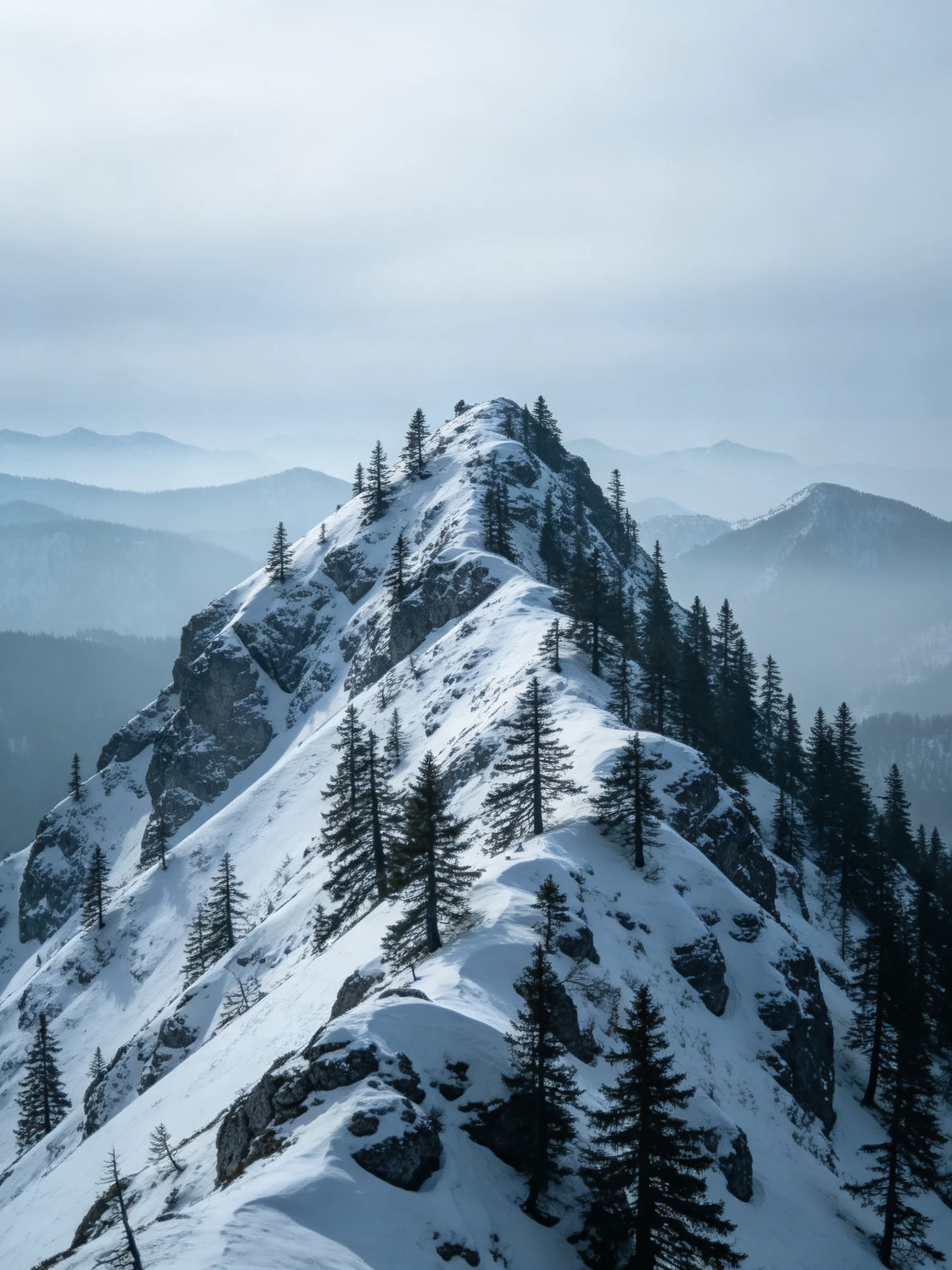 Snow-Covered Mountain Peak with Evergreen Trees Among Misty Ranges