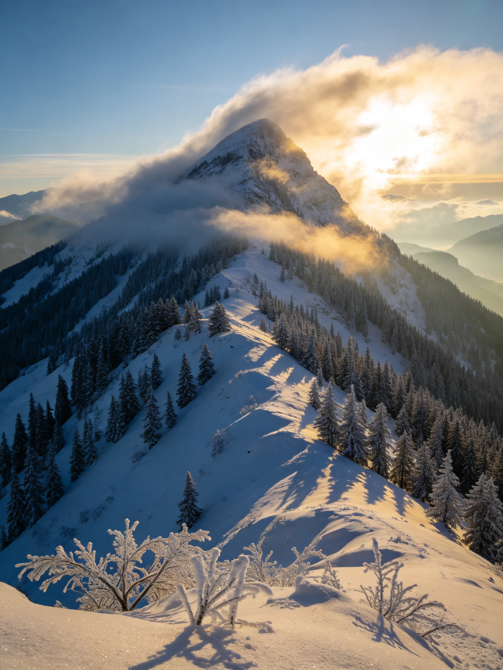 Snow-Covered Mountain Peak with Frosty Pine Forest and Golden Sunlight