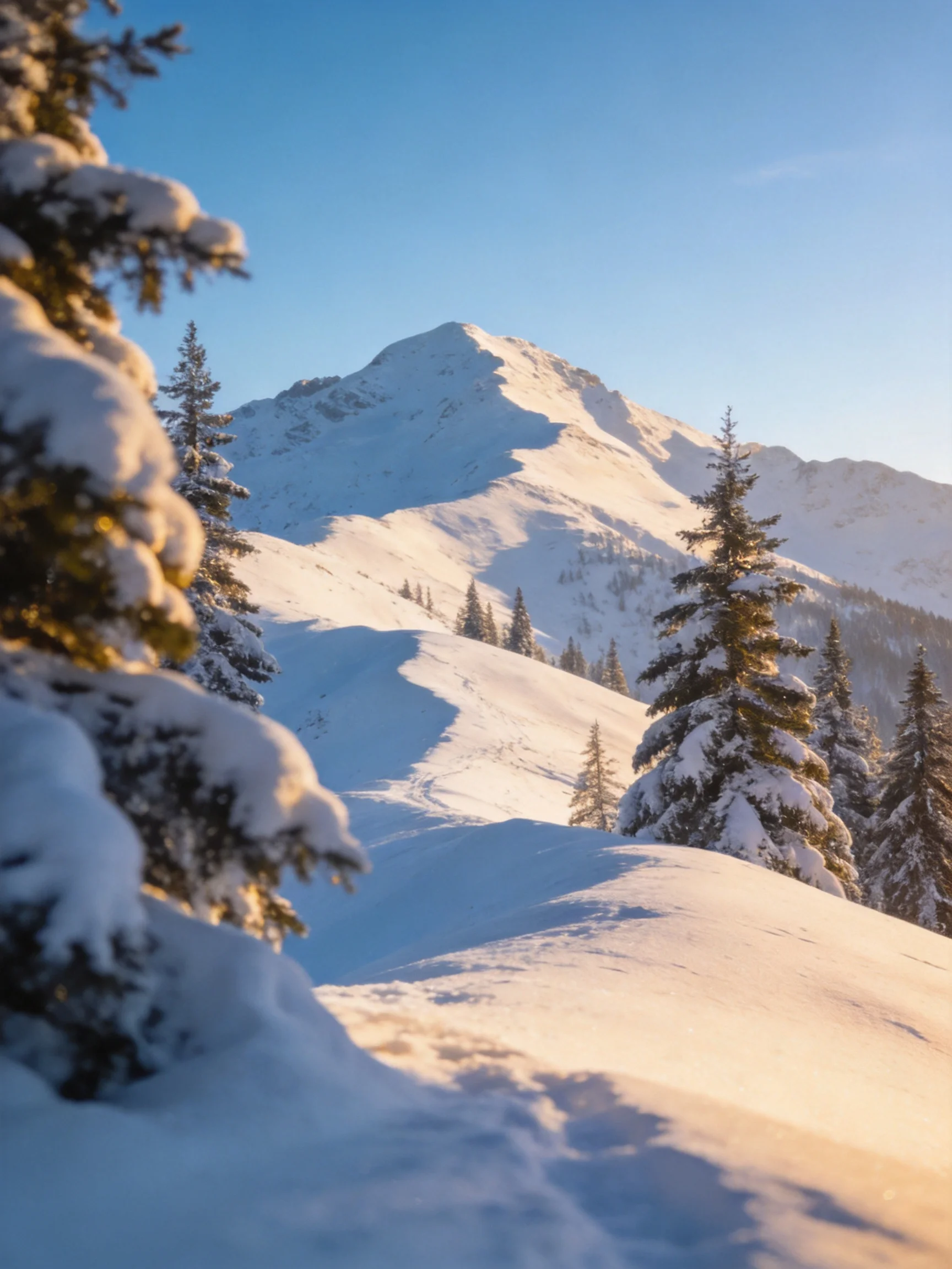 Snow-Covered Mountain Peak with Snow-Laden Pine Trees and Clear Blue Sky