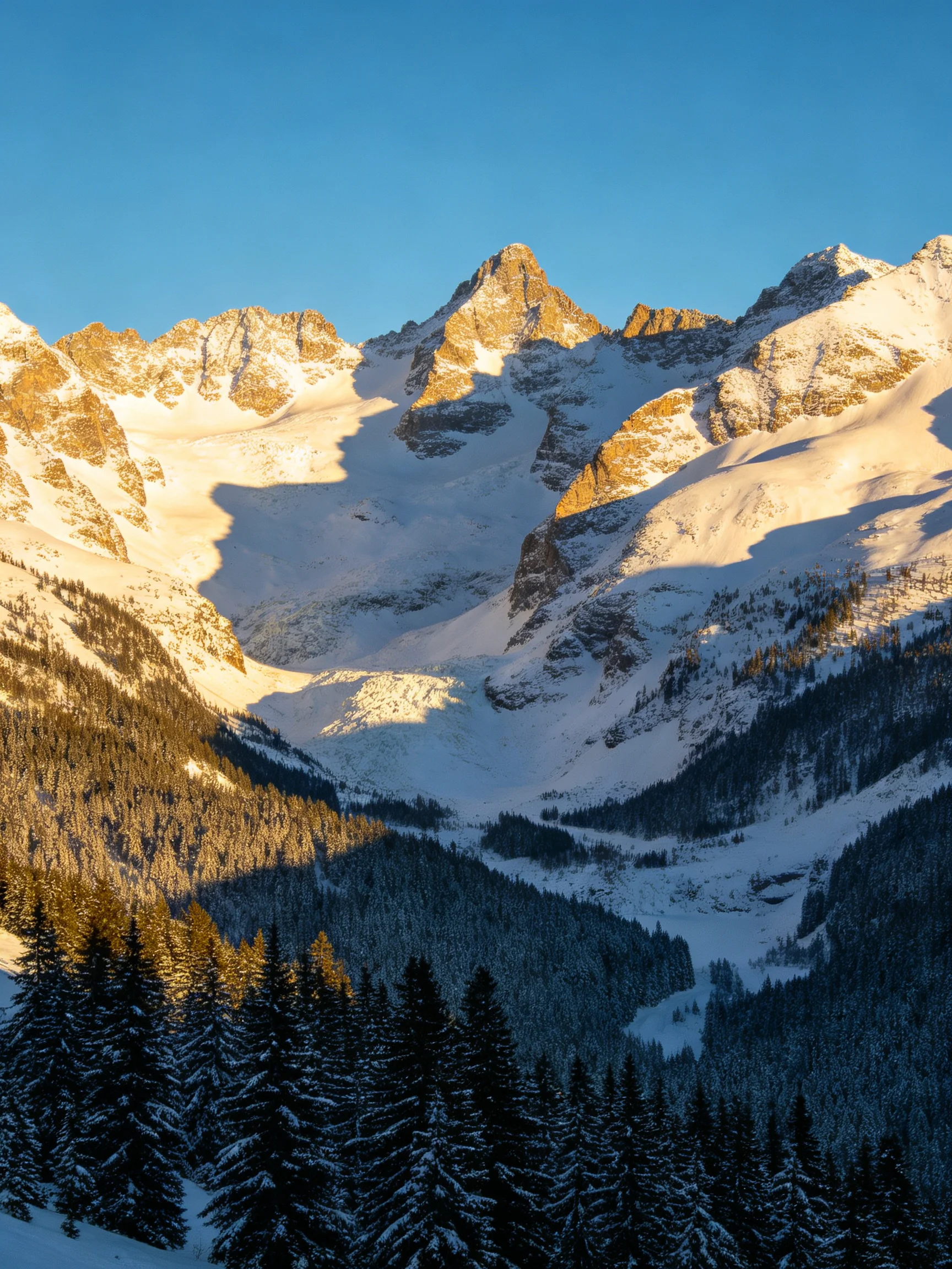 Snow-Covered Mountain Peaks with Forested Valleys Under Clear Blue Sky