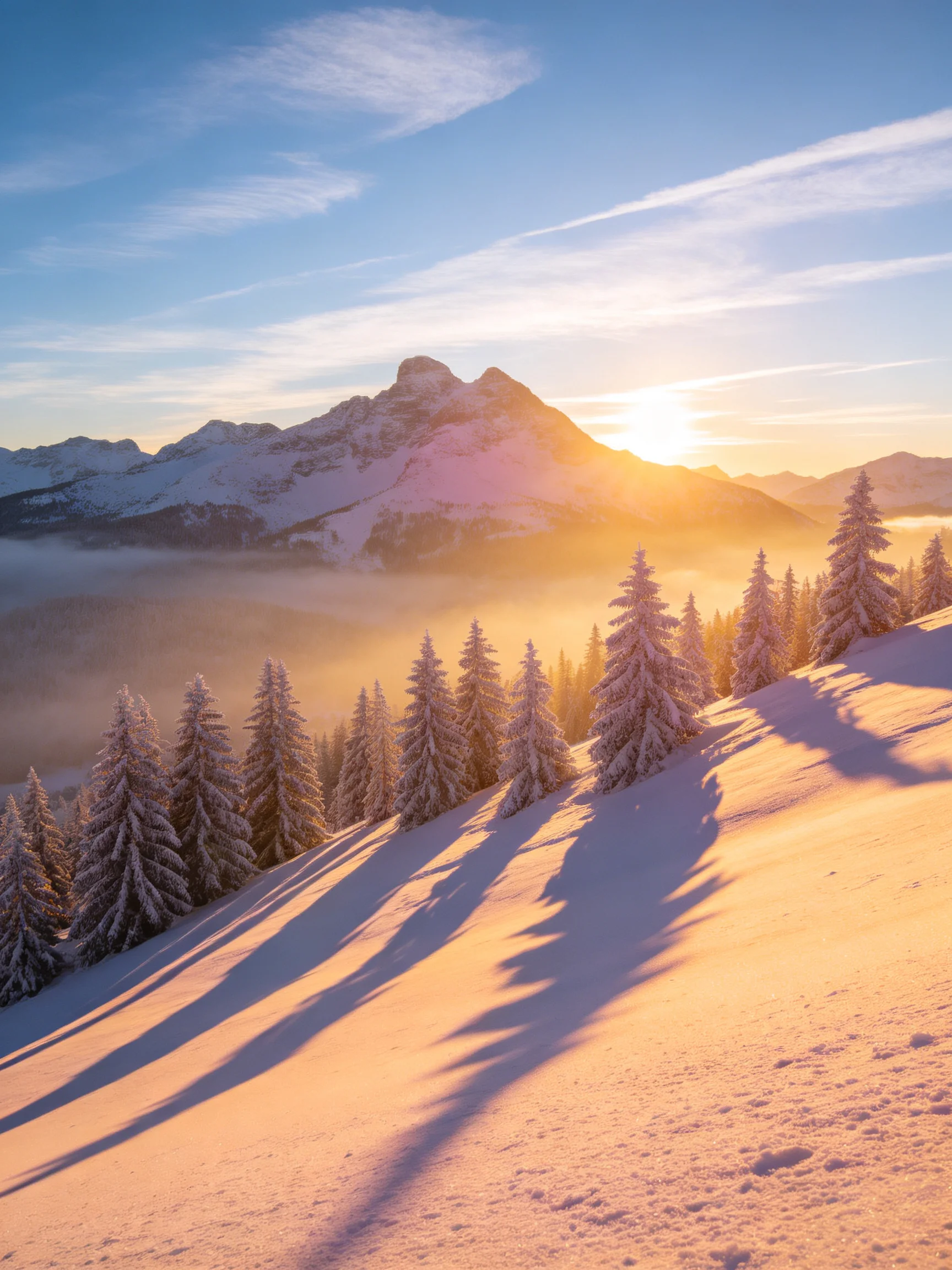 Snow-Covered Mountain Peaks with Frosty Evergreen Trees Under Golden Sunrise