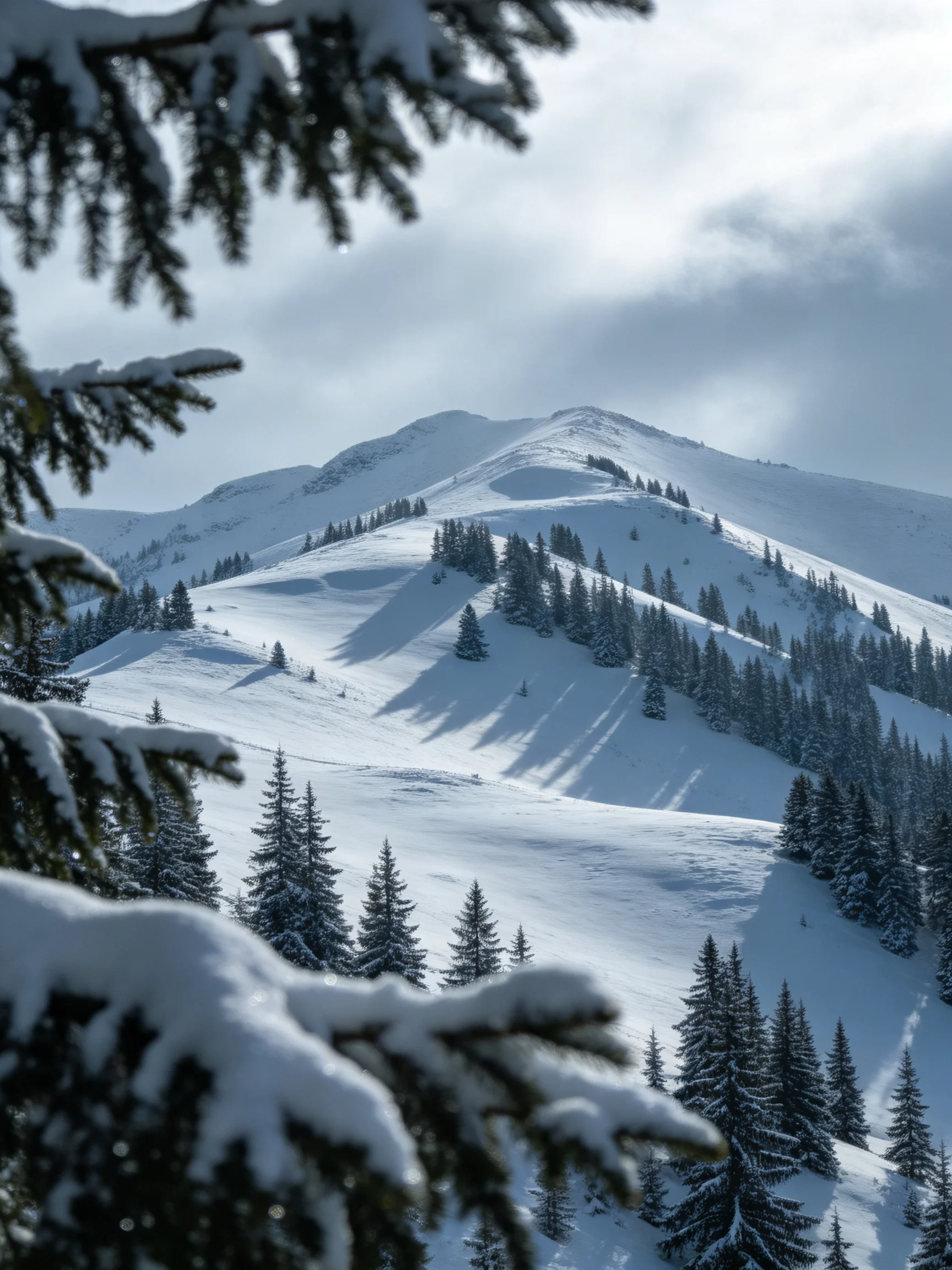 Snow-Covered Mountain Peaks with Frosty Pine Trees Under Overcast Sky