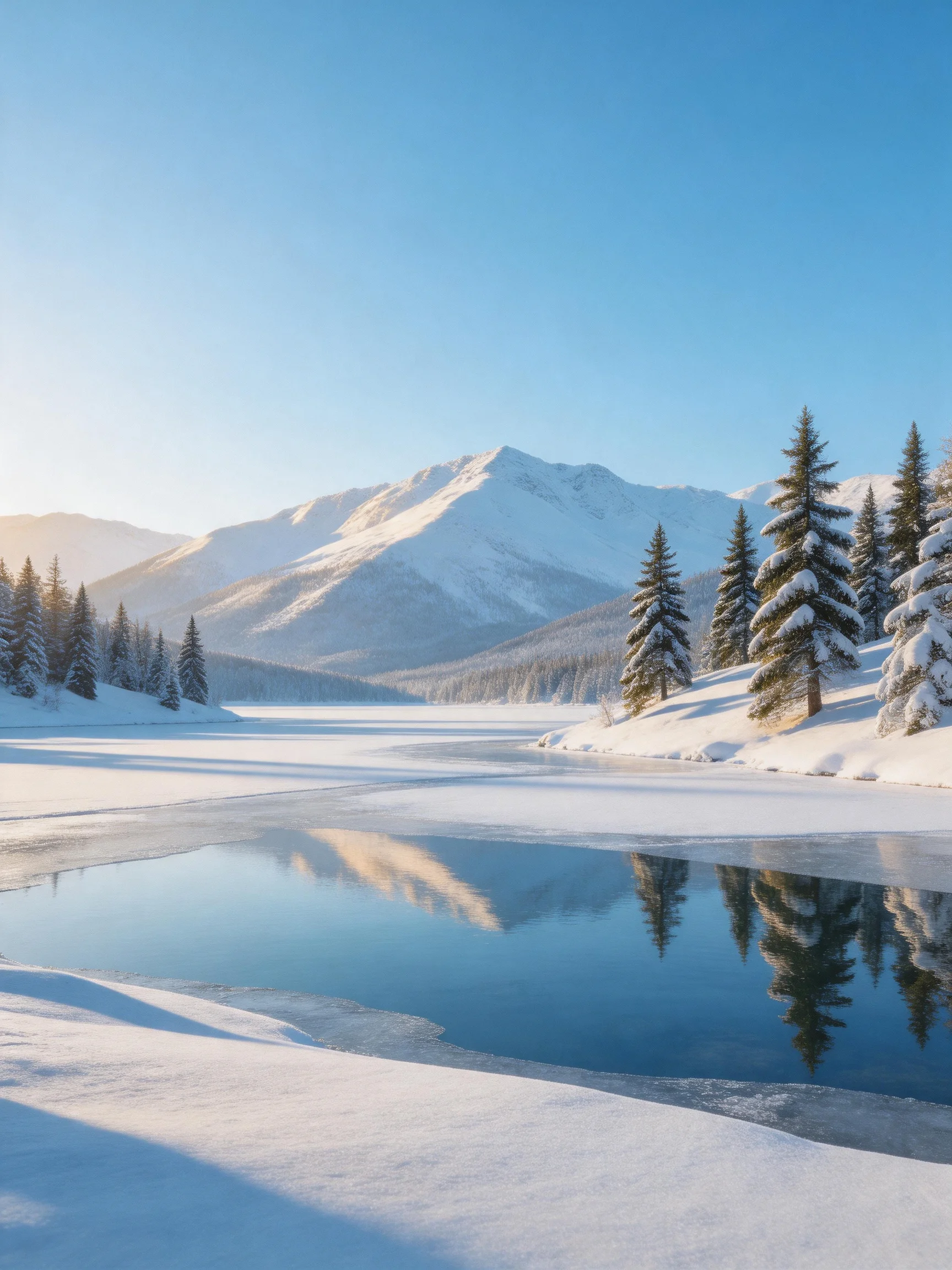Snow-Covered Mountain Range Reflects in Frozen Lake With Snow-Laden Evergreens