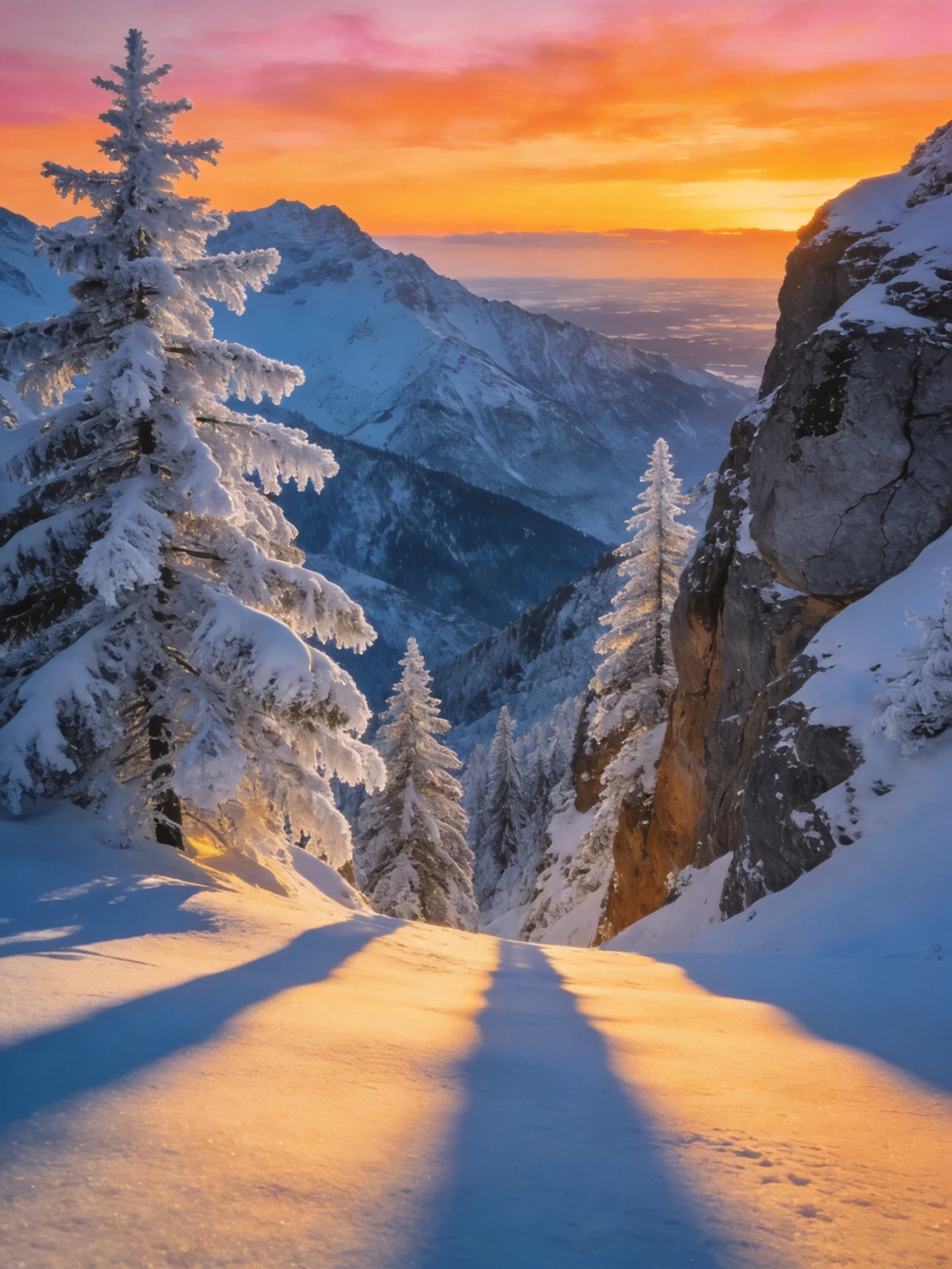 Snow-Covered Mountain Slope with Frosty Evergreens Under Vibrant Sunset