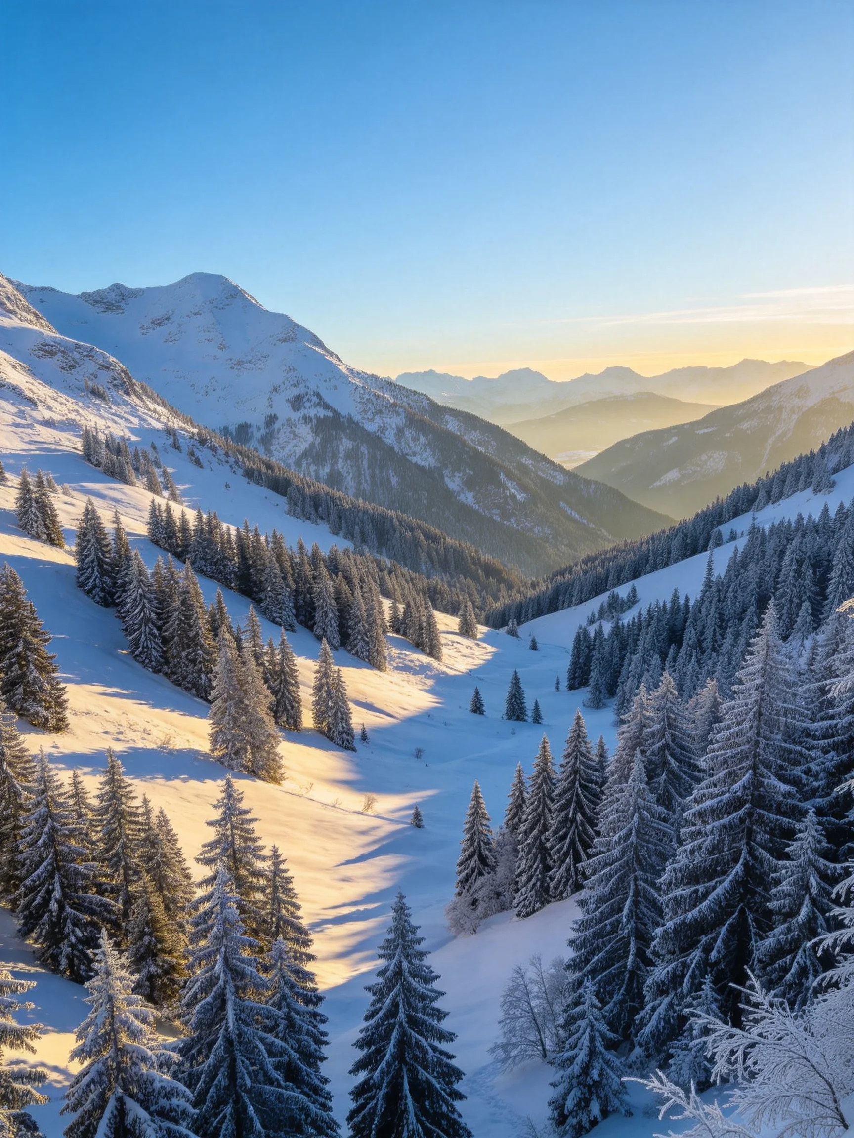 Snow-Covered Mountain Valley with Frost-Laden Evergreen Trees