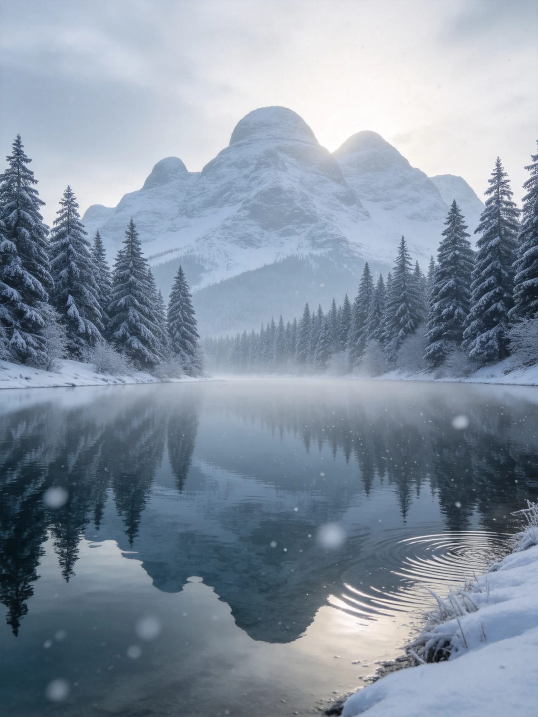 Snow-Covered Mountains Reflecting in a Frosty Lake with Pine Forests