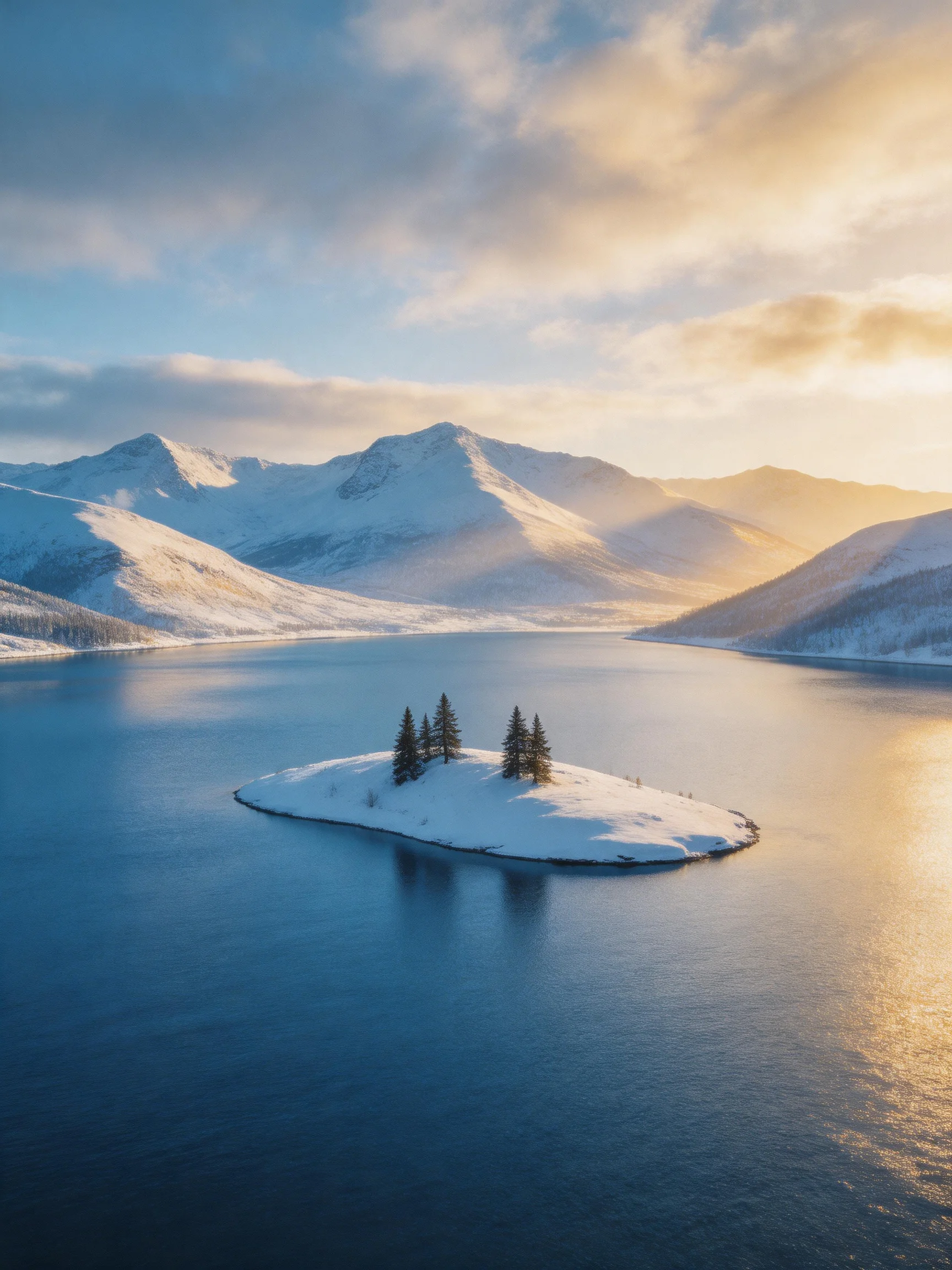 Snow-Covered Mountains Surround a Lake with a Snowy Island of Evergreens
