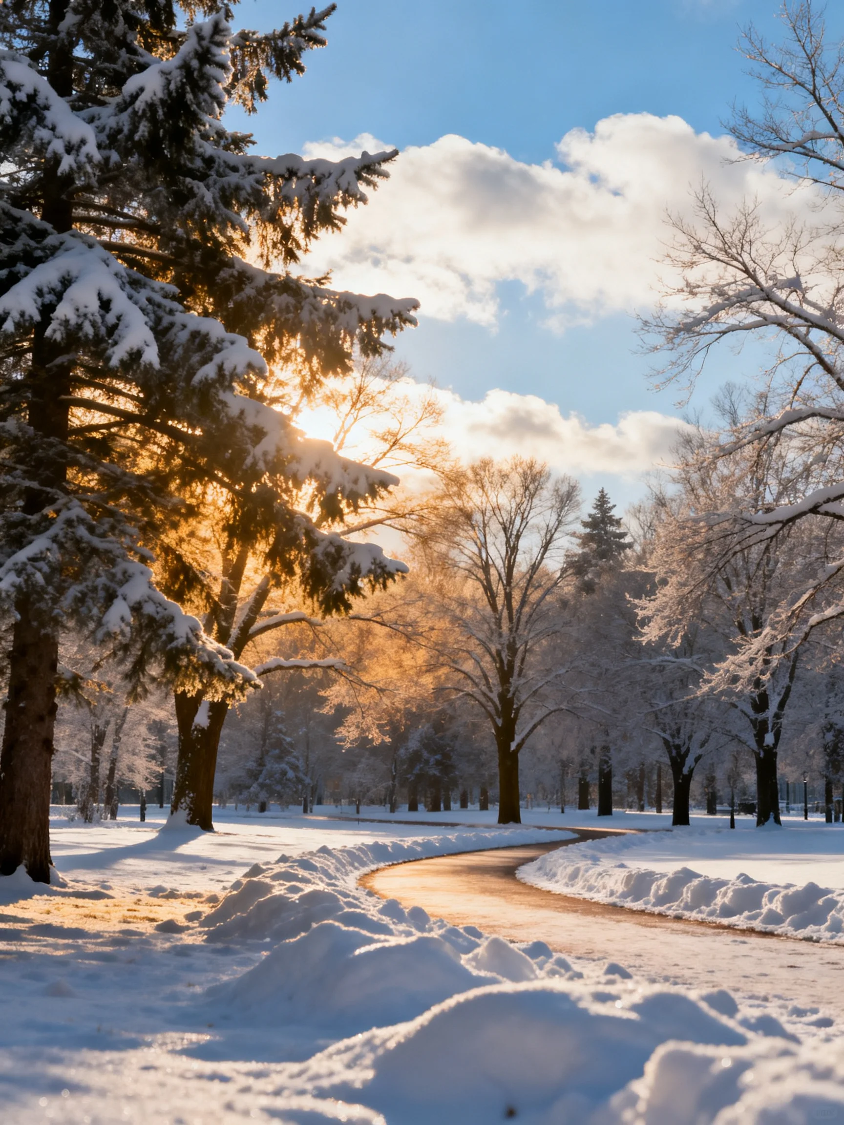 Snow-Covered Park Path with Sunlit Evergreen Trees