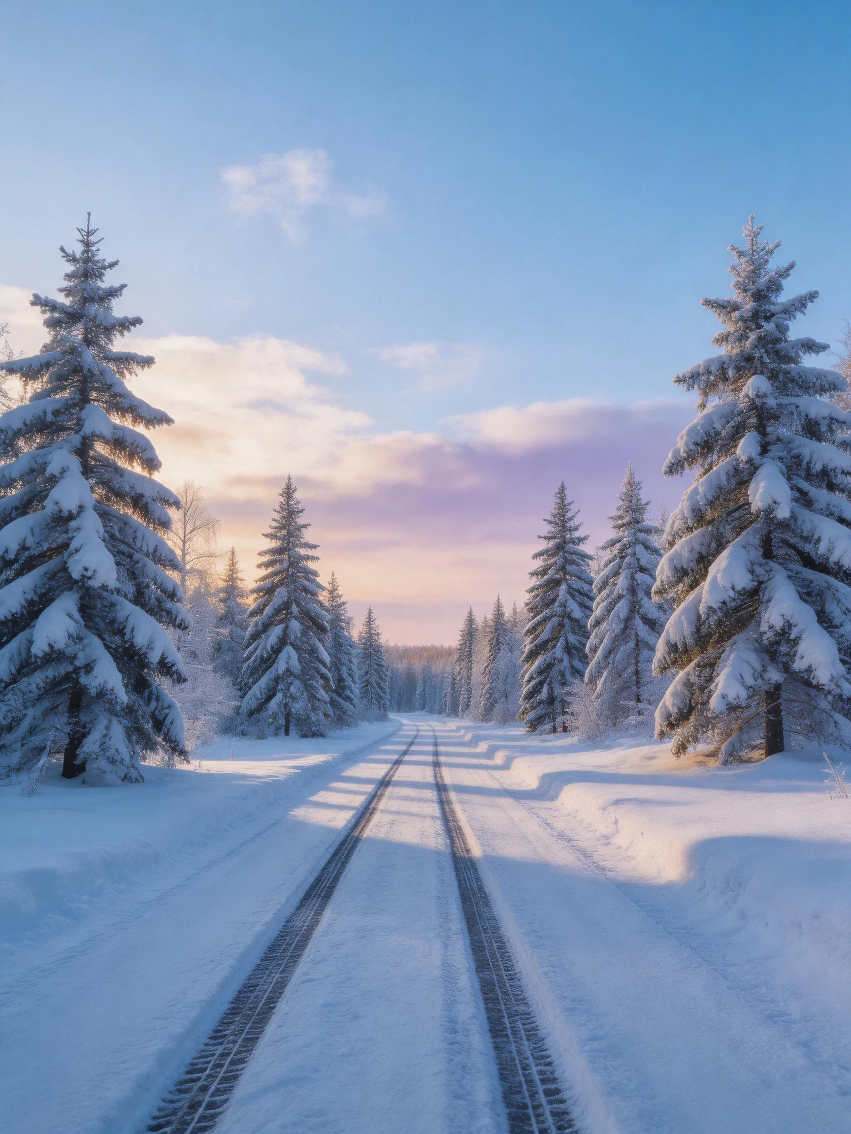 Snow-Covered Path Through Evergreen Forest Under Colorful Sky