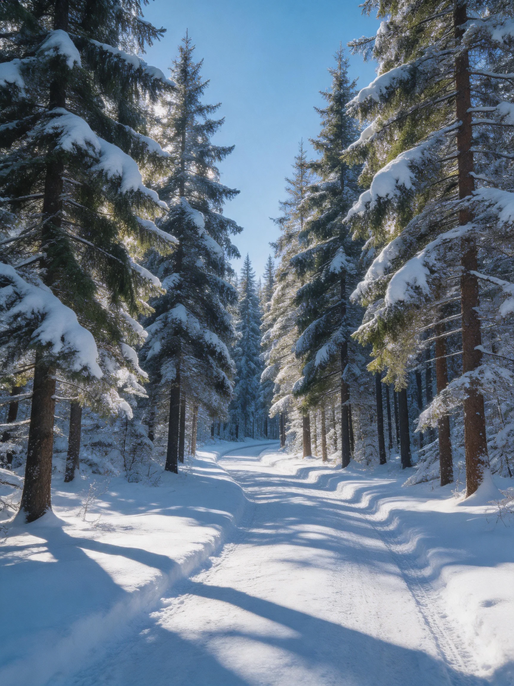Snow-Covered Path Through Tall Evergreen Forest Under Clear Blue Sky
