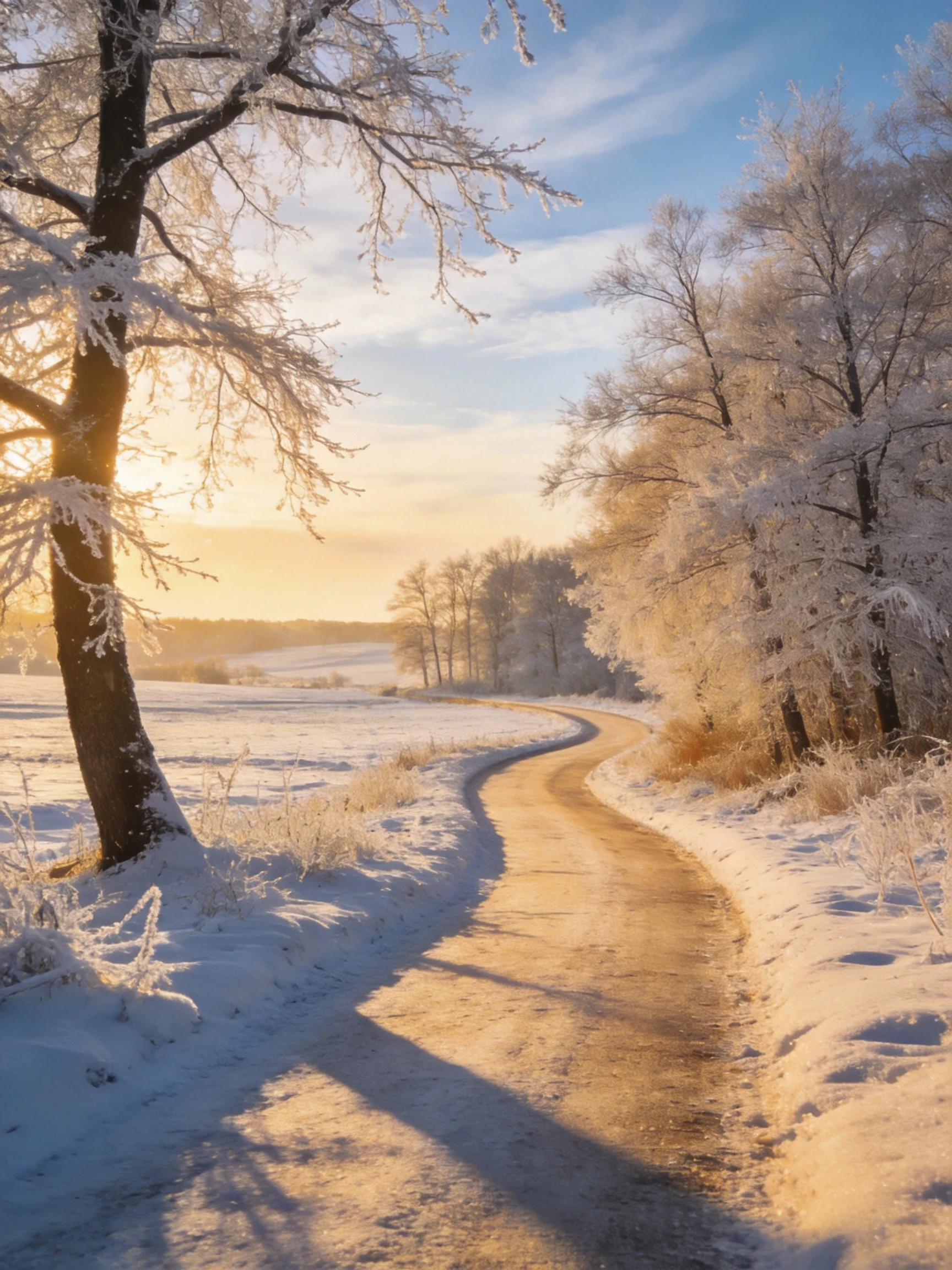 Snow-Covered Path With Frosted Trees Under Golden Morning Light