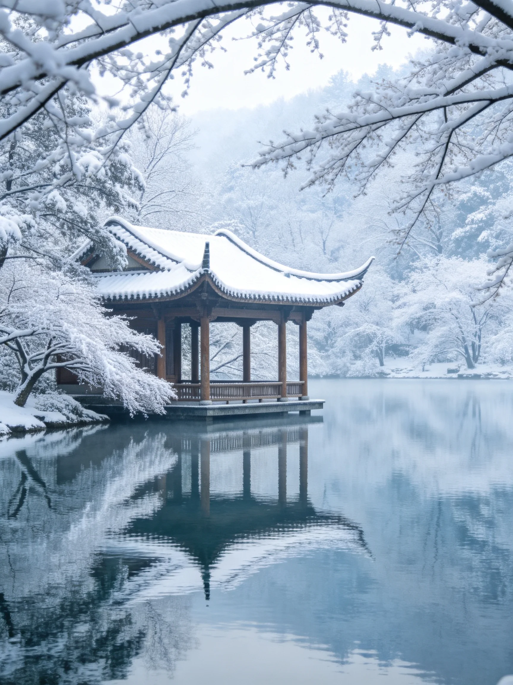 Snow-Covered Pavilion by Frozen Lake With Snow-Laden Trees