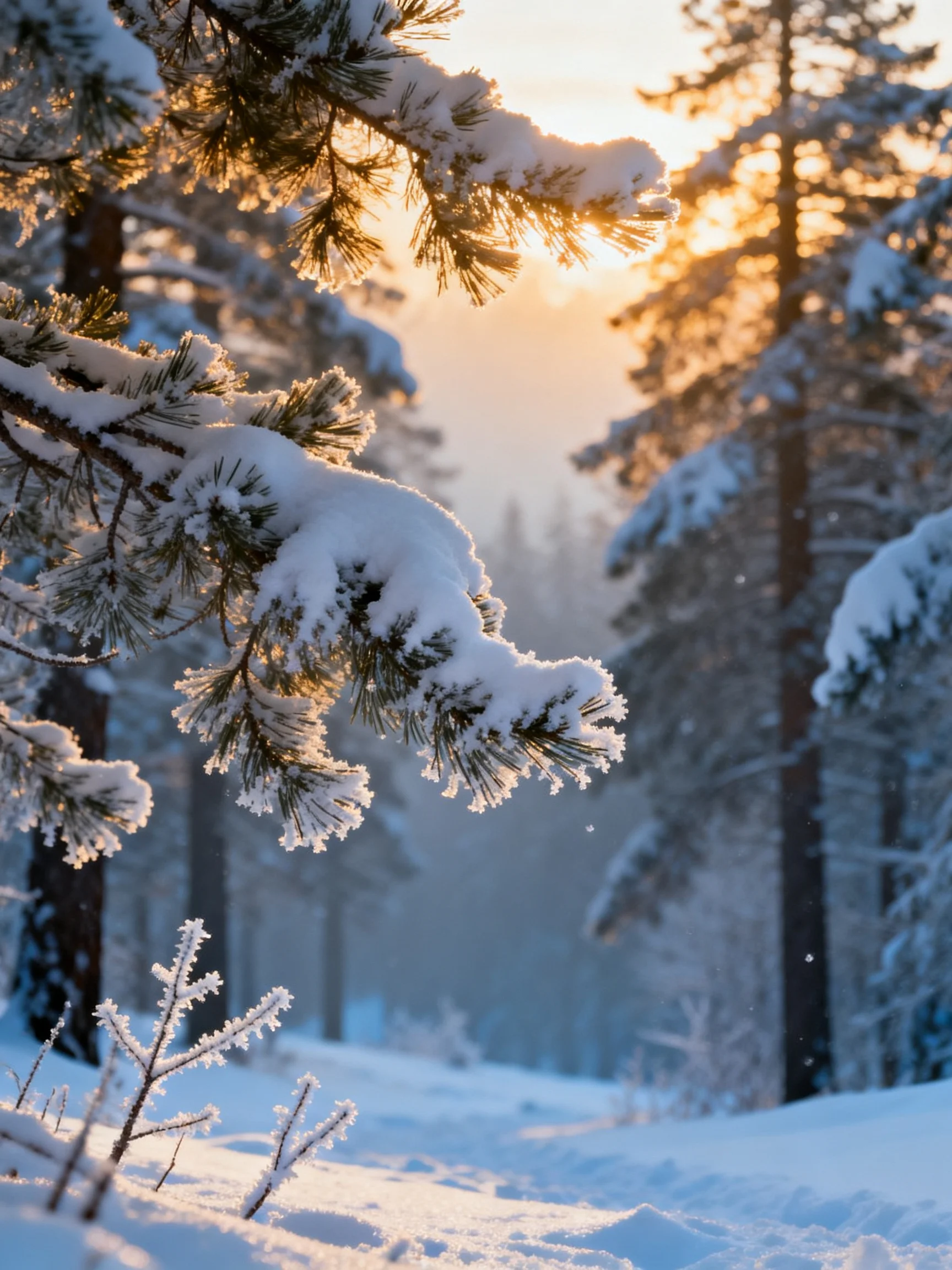 Snow-Covered Pine Branches Under Golden Sunset