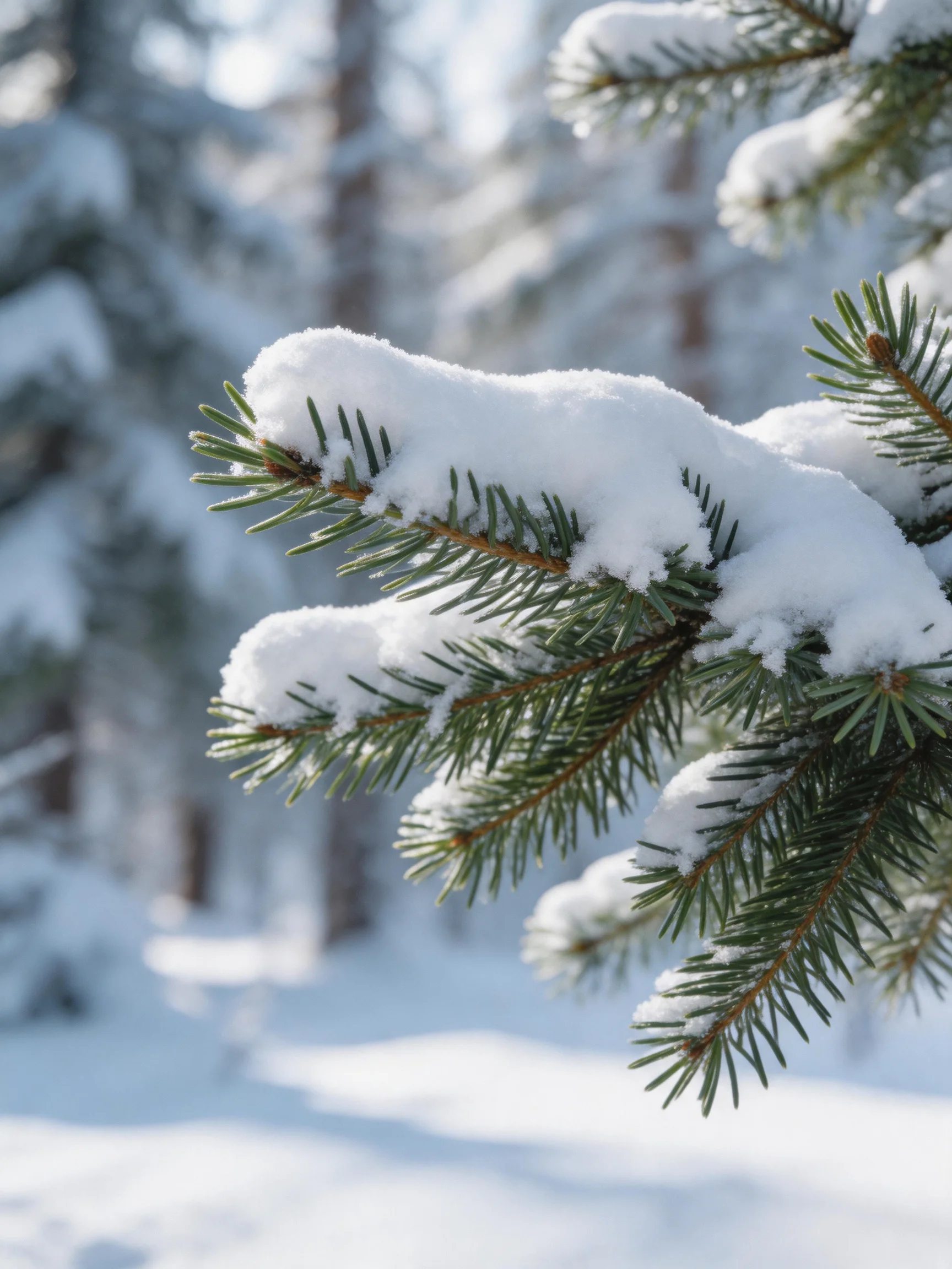Snow-Covered Pine Branches in a Frosty Forest