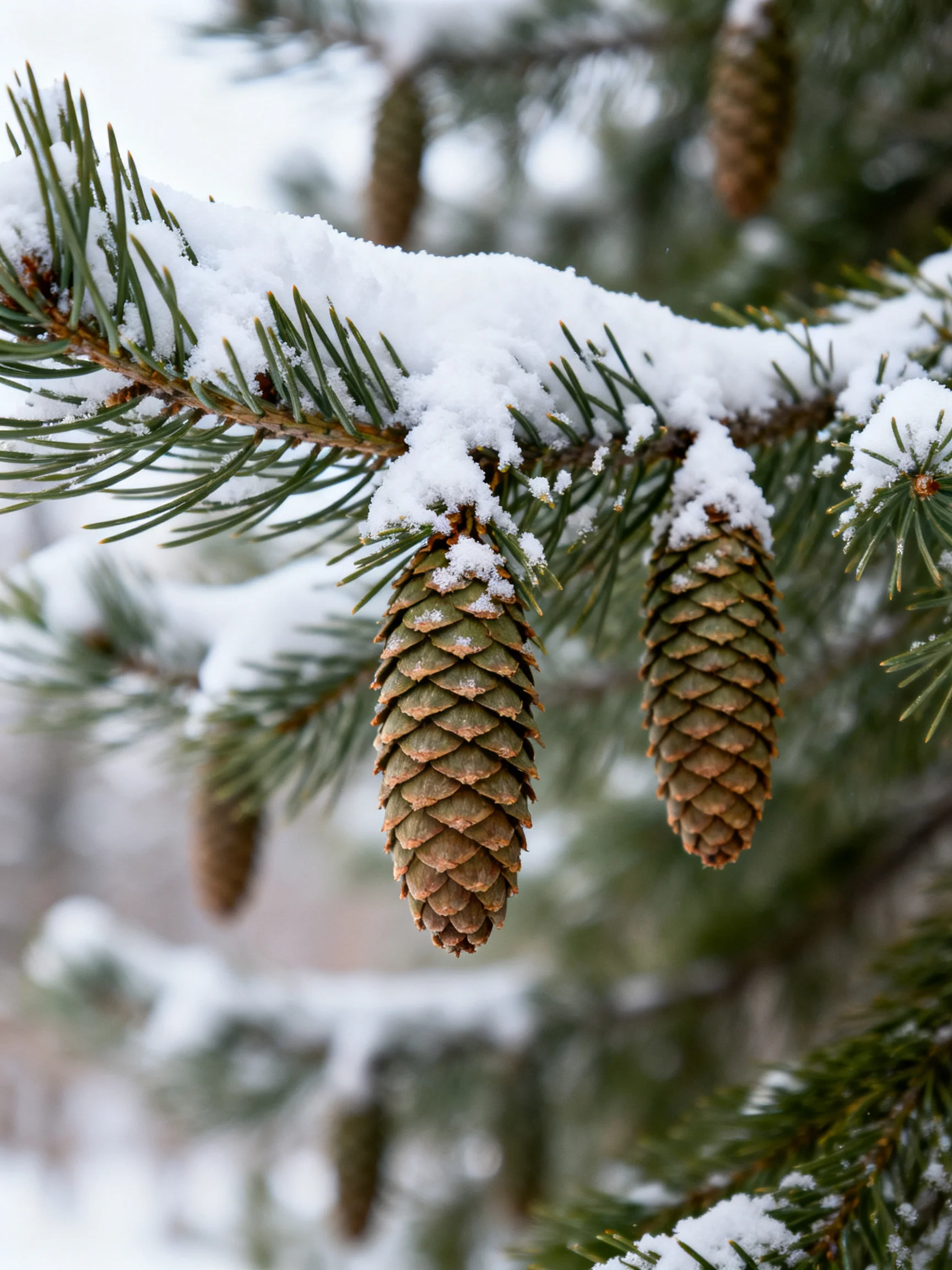 Snow-Covered Pine Branches with Two Prominent Cones