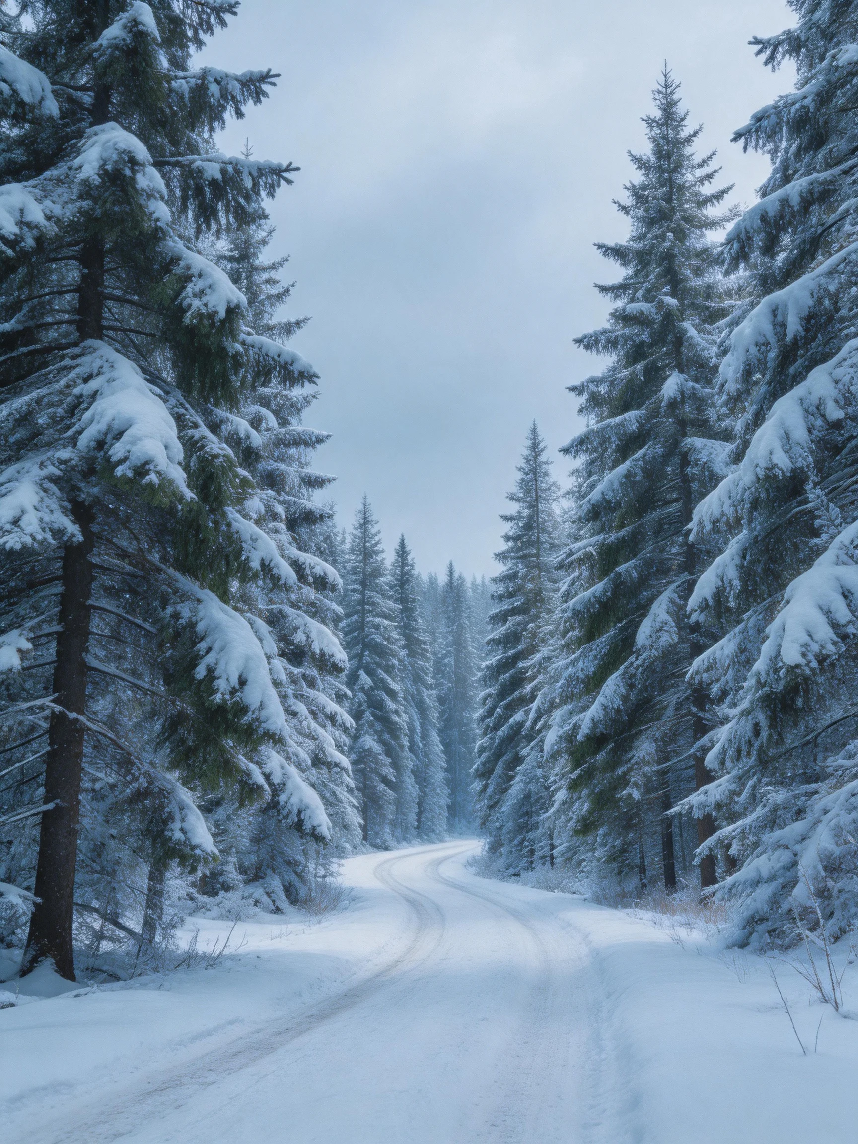 Snow-Covered Pine Forest Along a Curving Snow Road