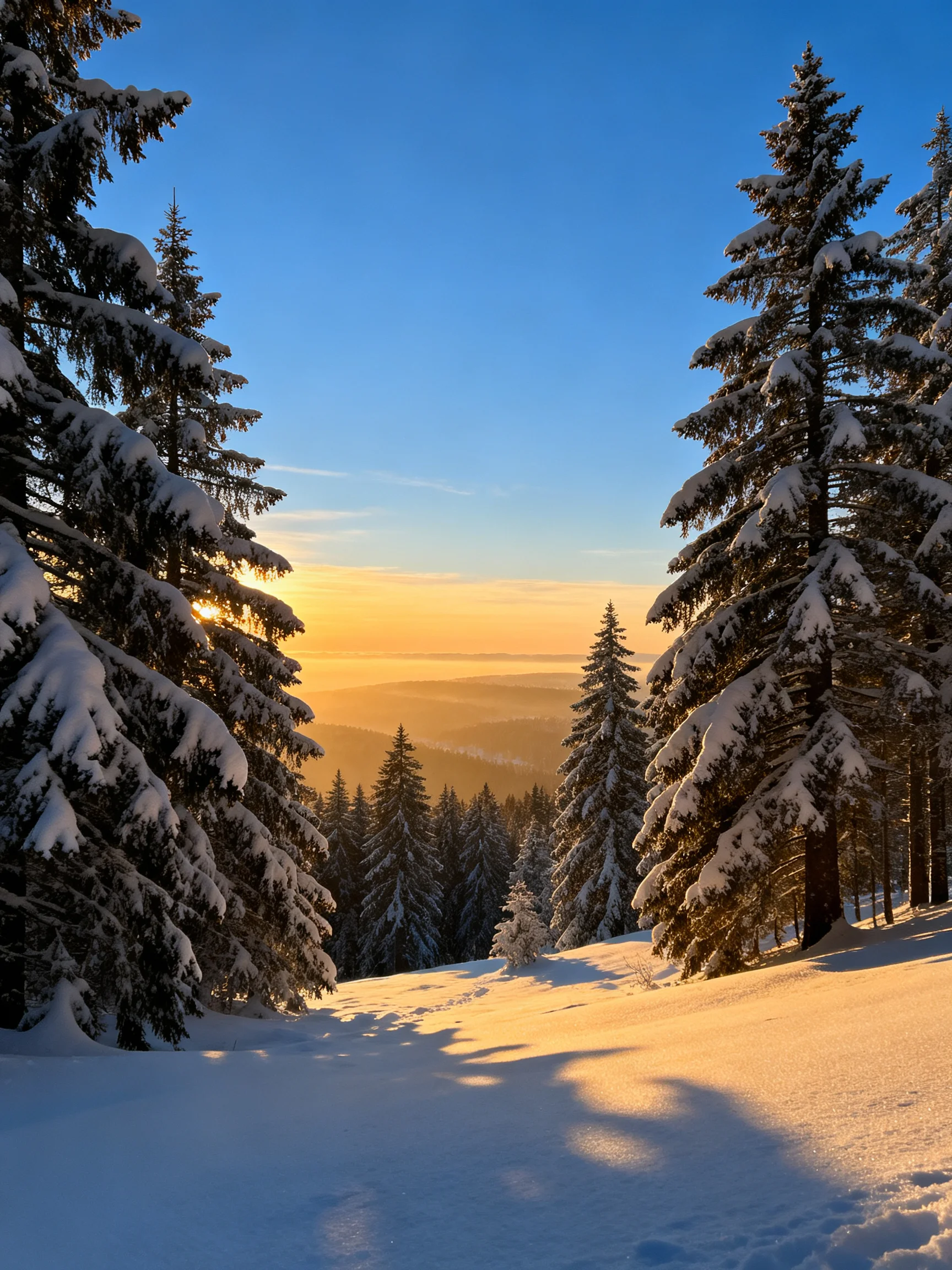 Snow-Covered Pine Forest Bathed in Golden Sunrise
