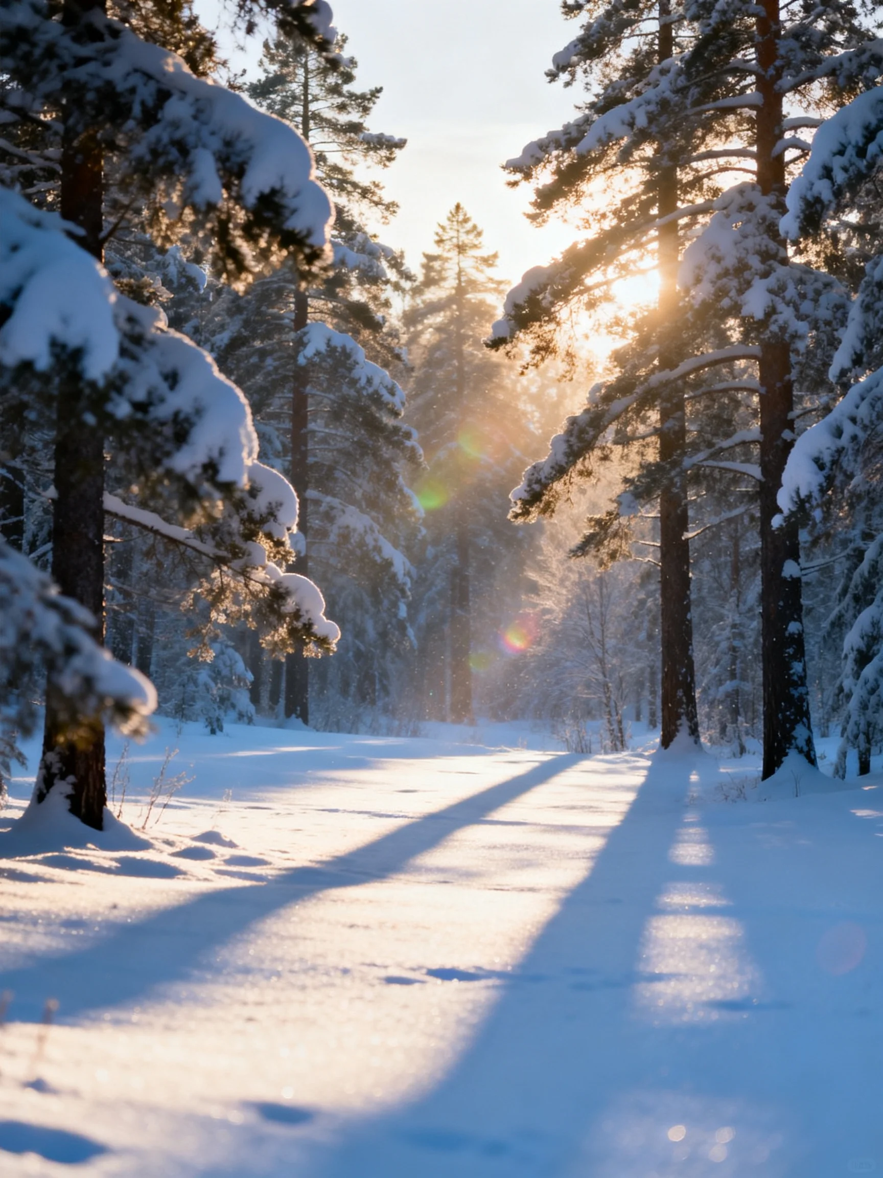 Snow-Covered Pine Forest Illuminated by Golden Sunlight