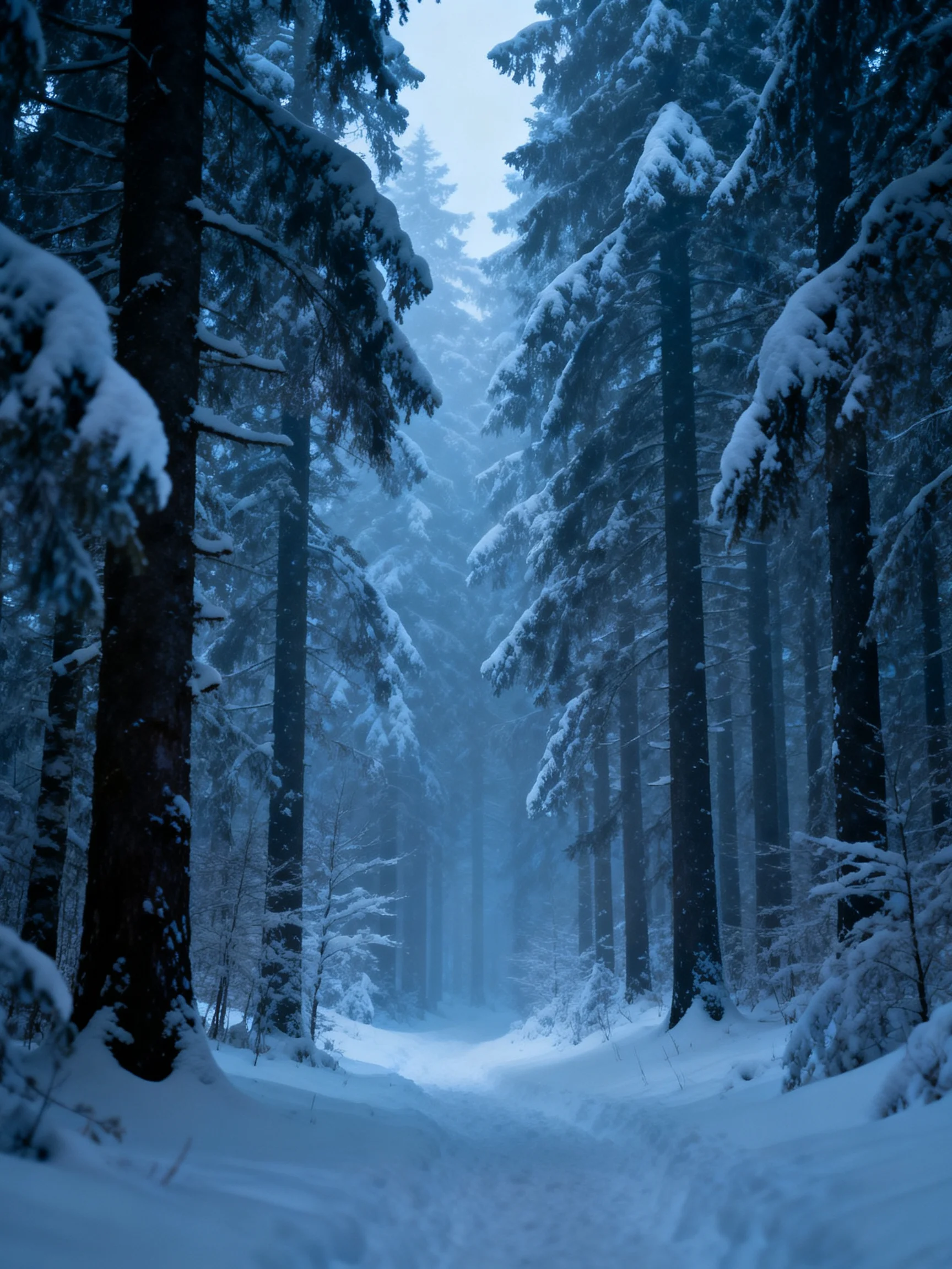 Snow-Covered Pine Forest Pathway Under Cool Blue Lighting