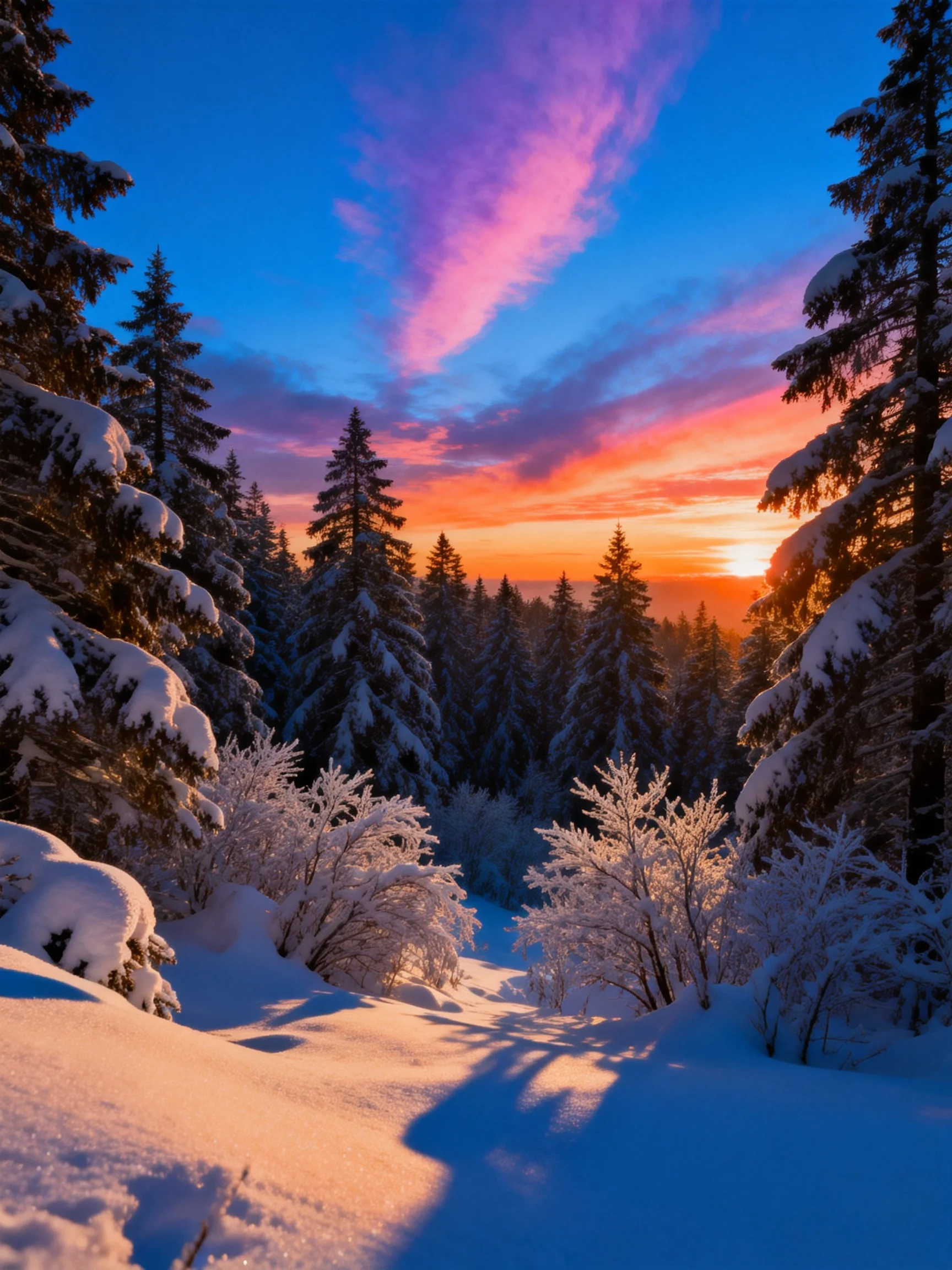 Snow-Covered Pine Forest Under a Vibrant Sunset Sky