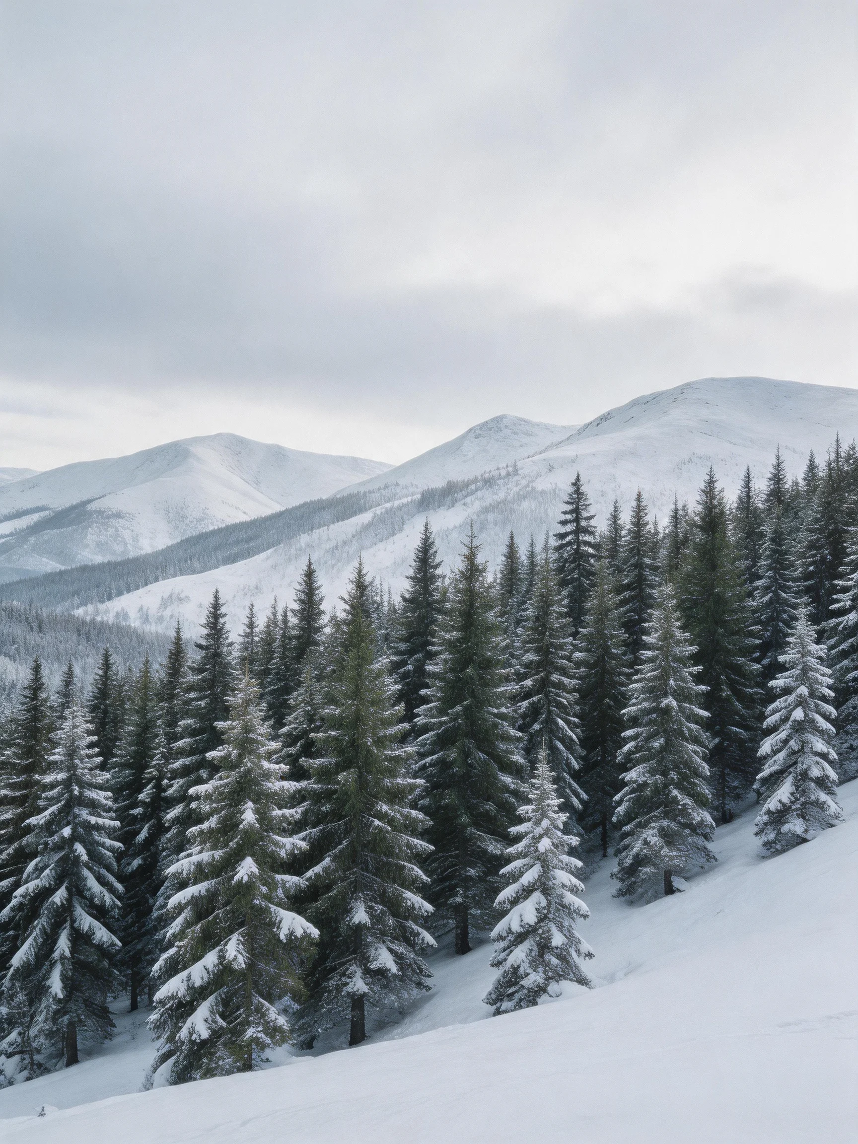 Snow-Covered Pine Forest and Majestic Snow-Capped Mountains