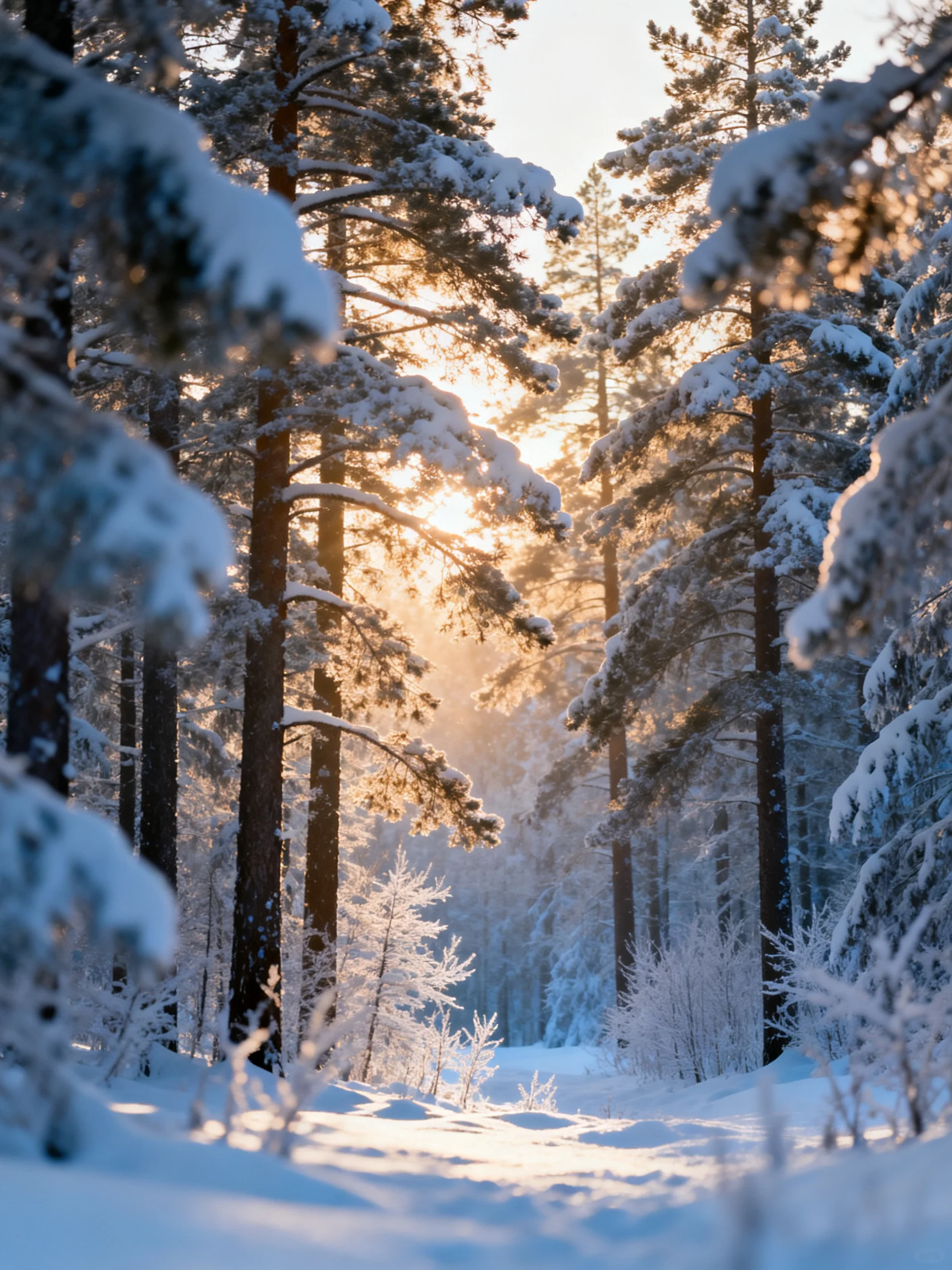 Snow-Covered Pine Forest with Golden Sunlight Filtering Through