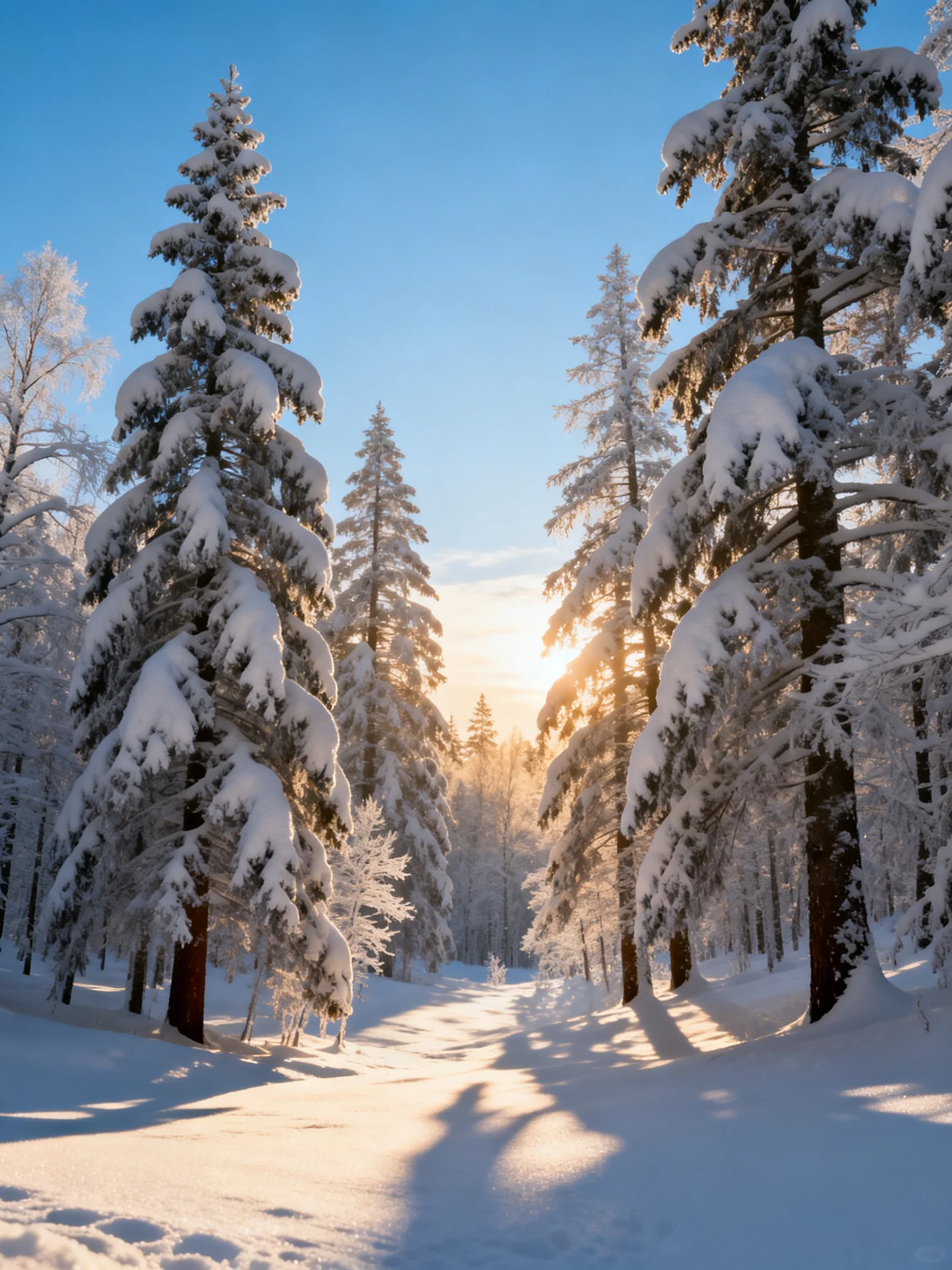 Snow-Covered Pine Forest with Golden Sunlight