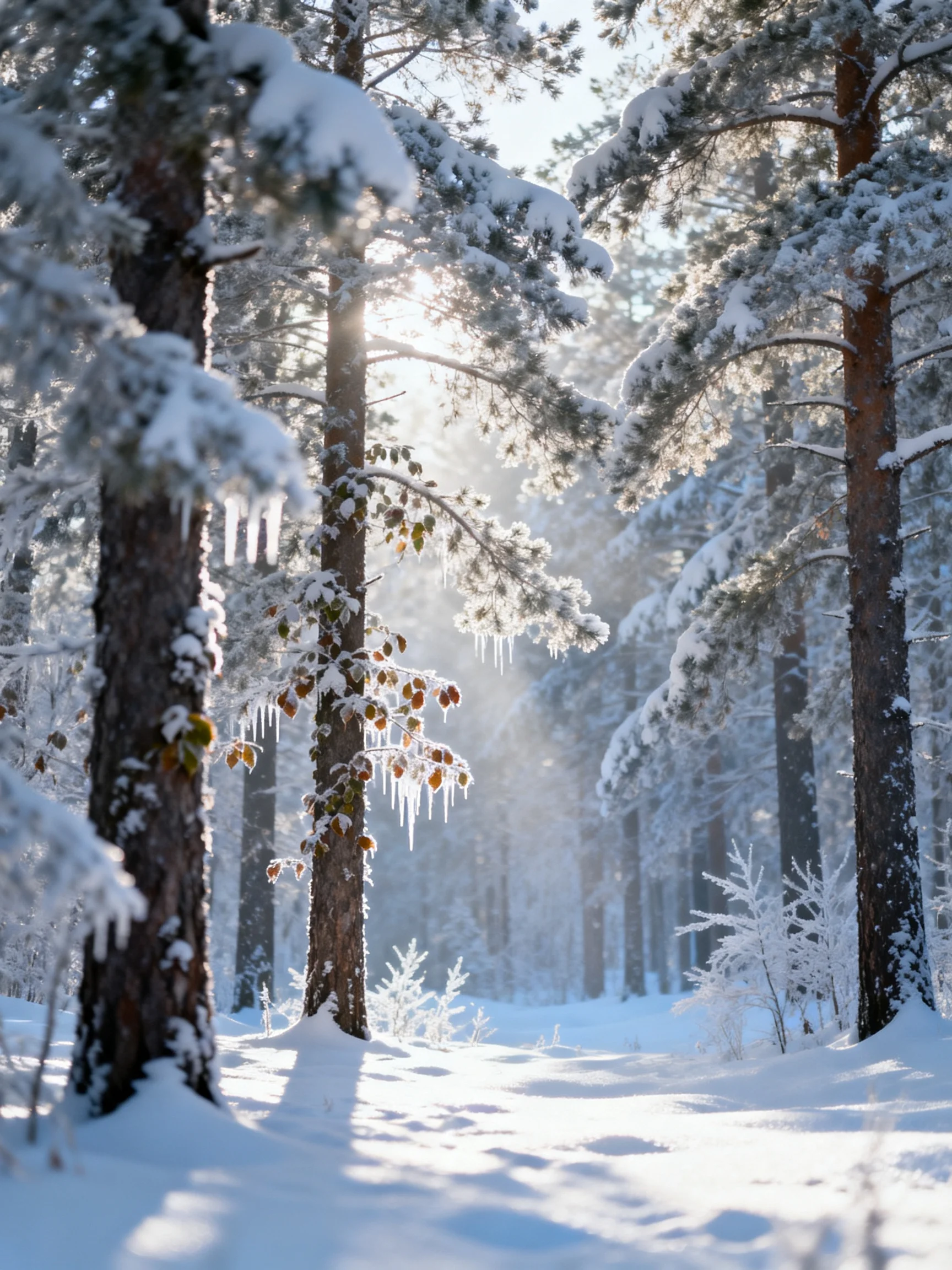 Snow-Covered Pine Forest with Icicles and Sunlight