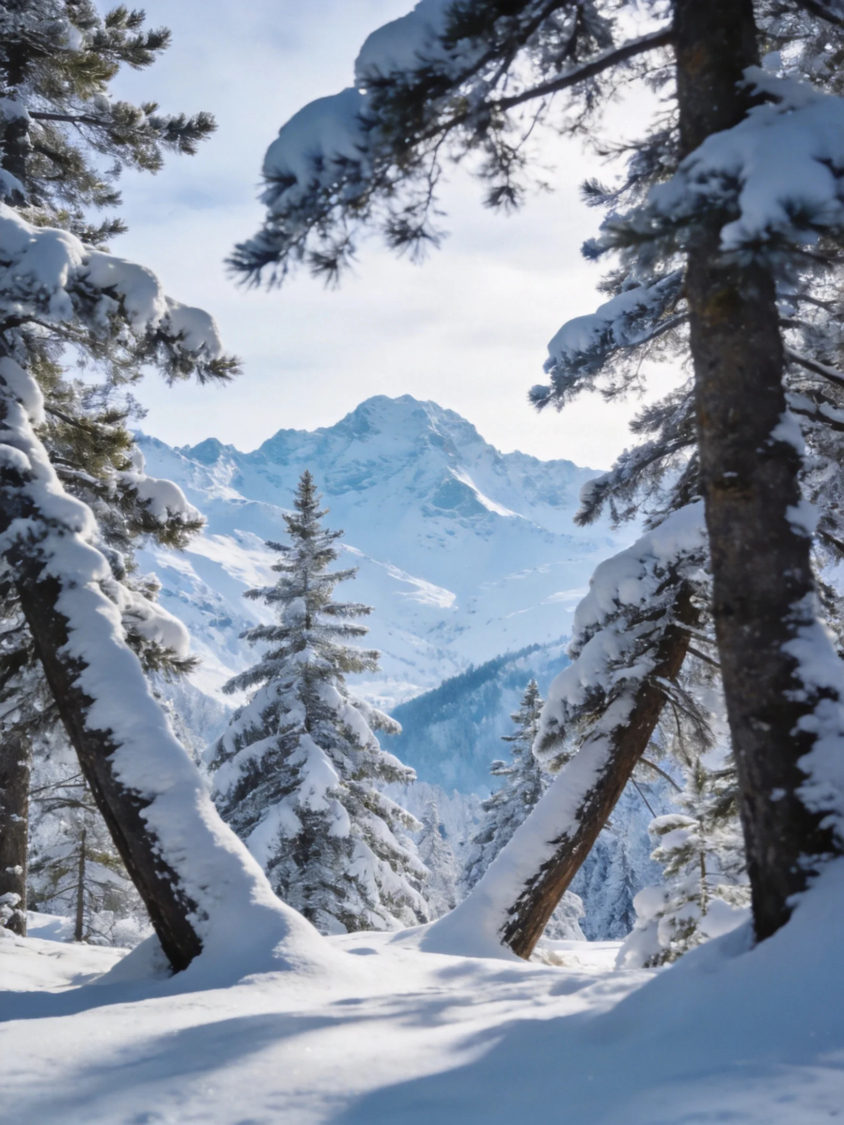 Snow-Covered Pine Forest with Majestic Mountain Peaks